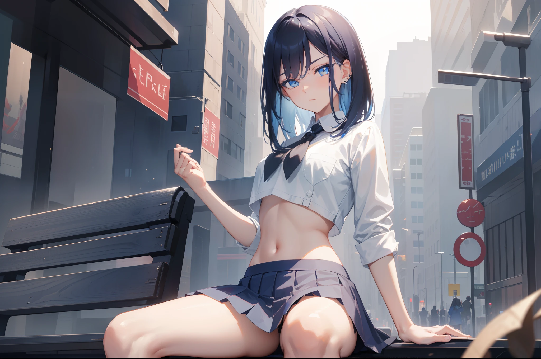 marinkitagawa, marin kitagawa, Short dark blue hair, Lots of black stud earrings, Bad girl, (blue color eyes:1.5), hair straight, By bangs,Disdainful eyes,A confident expression,Slightly arrogant,seductiv,no smile,Arrogant,Dominant's eyes
Black tie, Pleated skirt, crop tops, Very short top,short skirt,Highly modern city,Sit on a bench in the street
rest,looking at viewert, Break (Masterpiece:1.2), Best quality, high resolution, Unity 8k wallpaper, (illustration:0.8), (Beautiful detailed eyes:1.6), Extremely detailed face, Perfect lighting, Extremely detailed CG, (Perfect hands, Perfect anatomy)