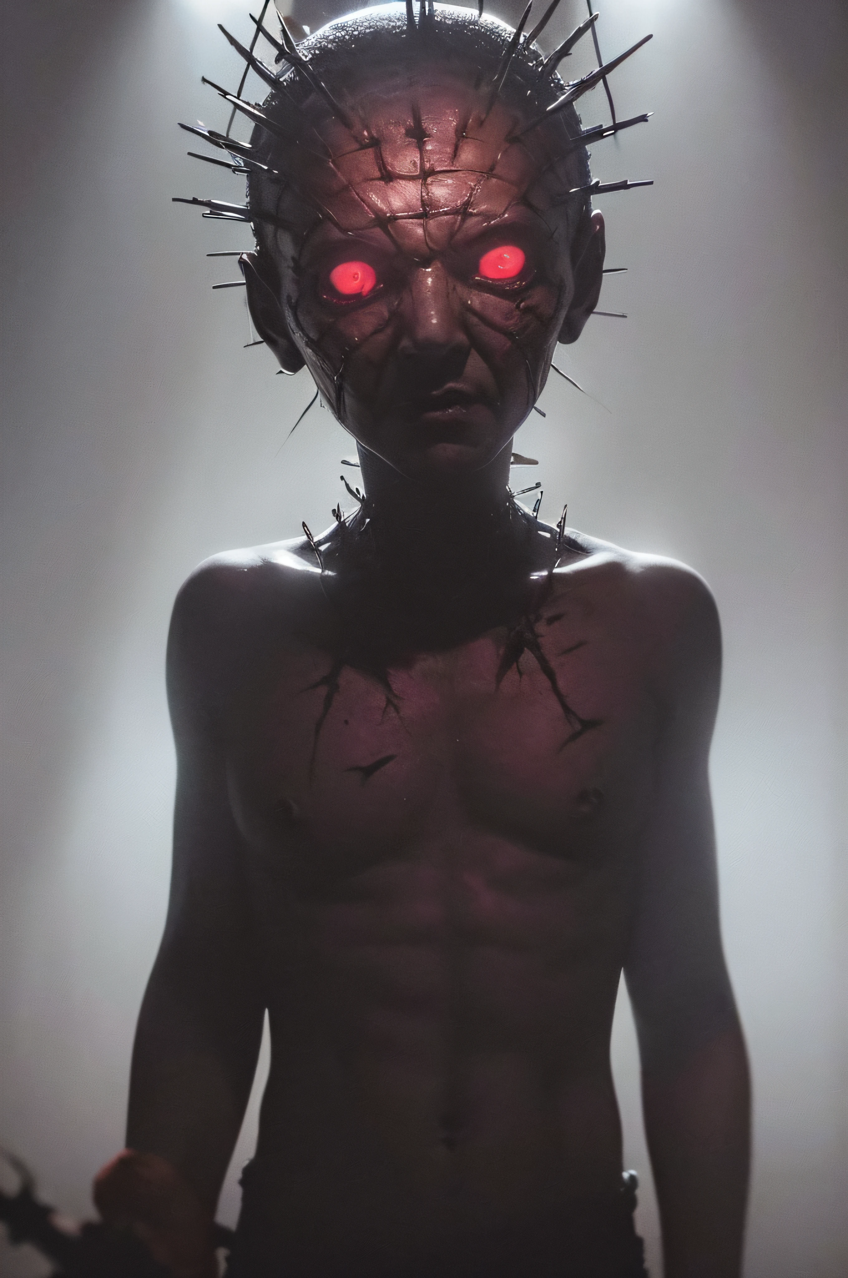 "(The best lighting, oscuro, dramatic),(feto calavera alien, Hellraiser, Cicatrices, , sexy, cerebro, sangre, una rata dentro de la cabeza, terror.),(ojos rojos, calaveras). morning light.