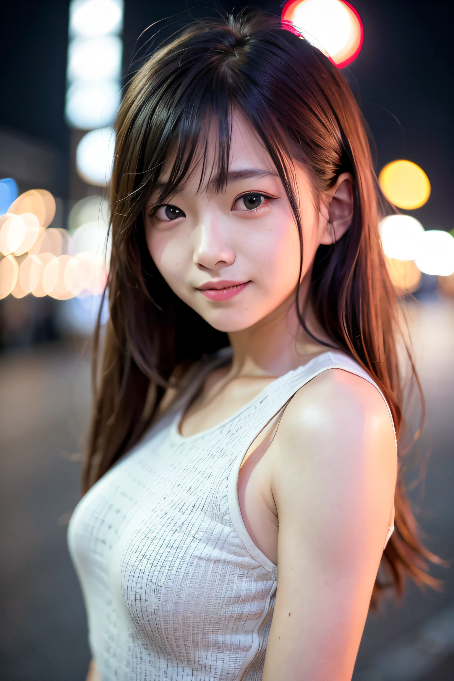 1girl, Tokyo street,night, cityscape,city lights,upper body,close-up,smile,, (8k, RAW photo, best quality, masterpiece:1.2),(realistic, photo-realistic:1.37),