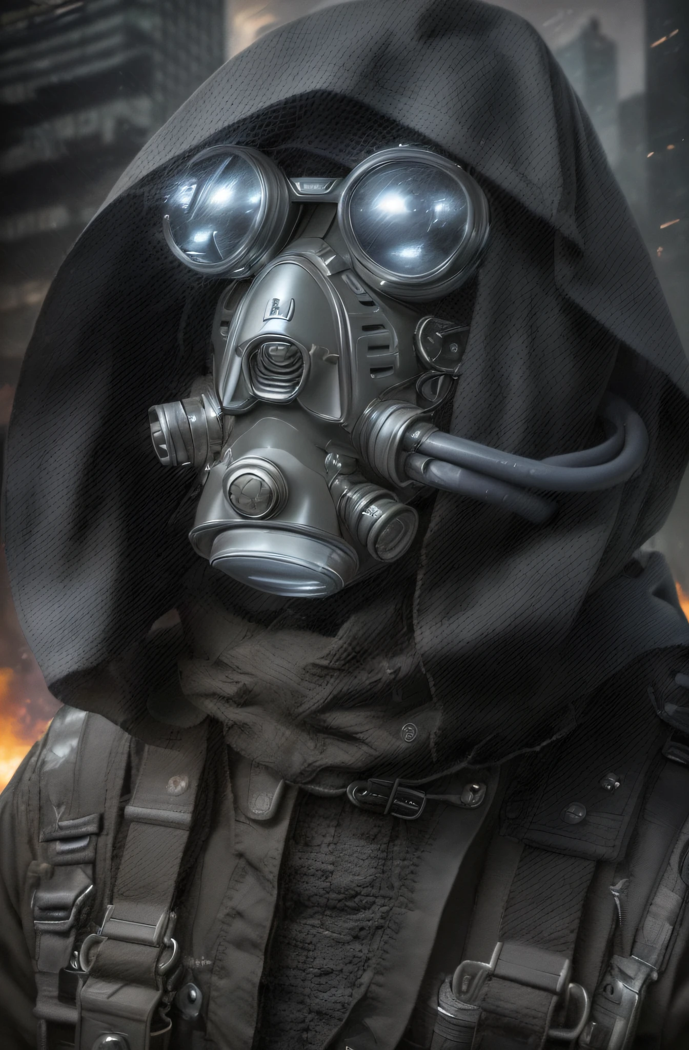 male soldier, Modern biomechanical anti-gas mask From one side of the mask a manly figure emerges From the other side of the mask an air filter, tubes and cables, Purple glass cyborg night vision lens, Gray military uniform with black details matte black hood fabric thick, it is in a city destroyed in flames, ultra realistic, Ultra detailed, Hyper realistic, 4k, Ultra detailed image, realistic, Highly detailed, perfect composition, beautiful intricately detailed incredibly detailed, 8K fine art photography, hyper detailed, Masterpiece