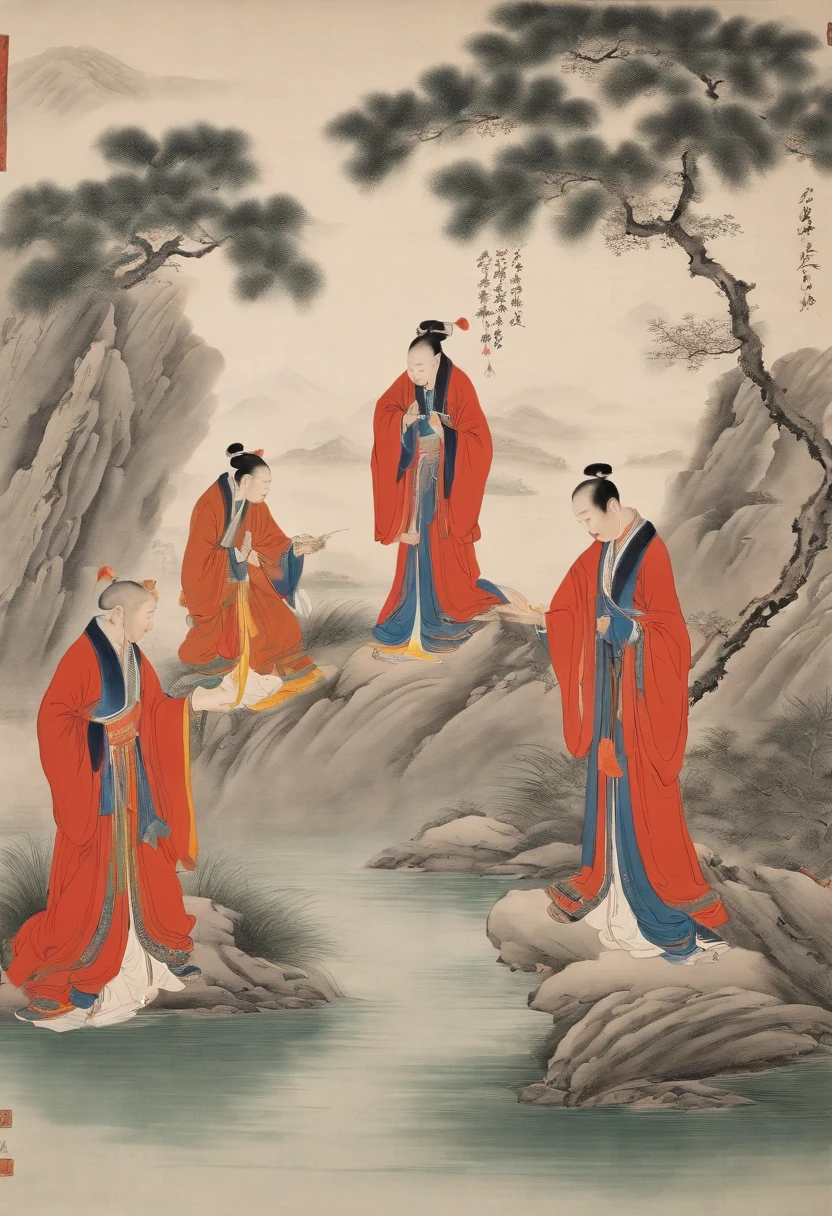 Ultra-clear detailed,Ancient Chinese scholars bowed their whole bodies,Salute,Kowtow,Hands-on ceremony,Four ceremonial postures and expressions,white backgrounid,water ink