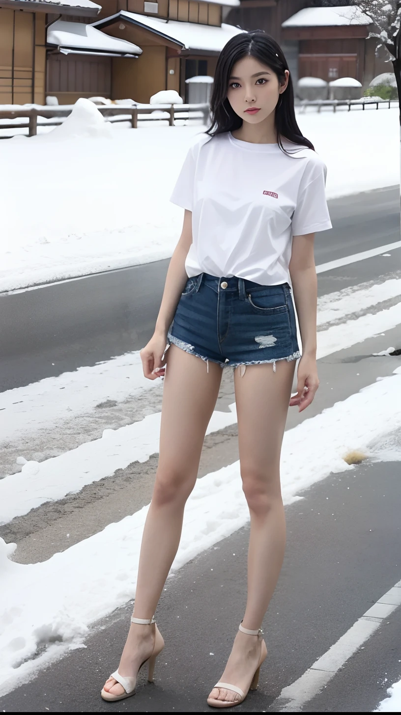 A Japanese Lady、beauitful face、二重まぶた、Big eyes、Long Black Hair、short sleeved shirt、Micro shorts、beauty legs、Raw feet、pin heels、tall、model poses、arms in arms、Oyuki、snow cover、snow blowing、