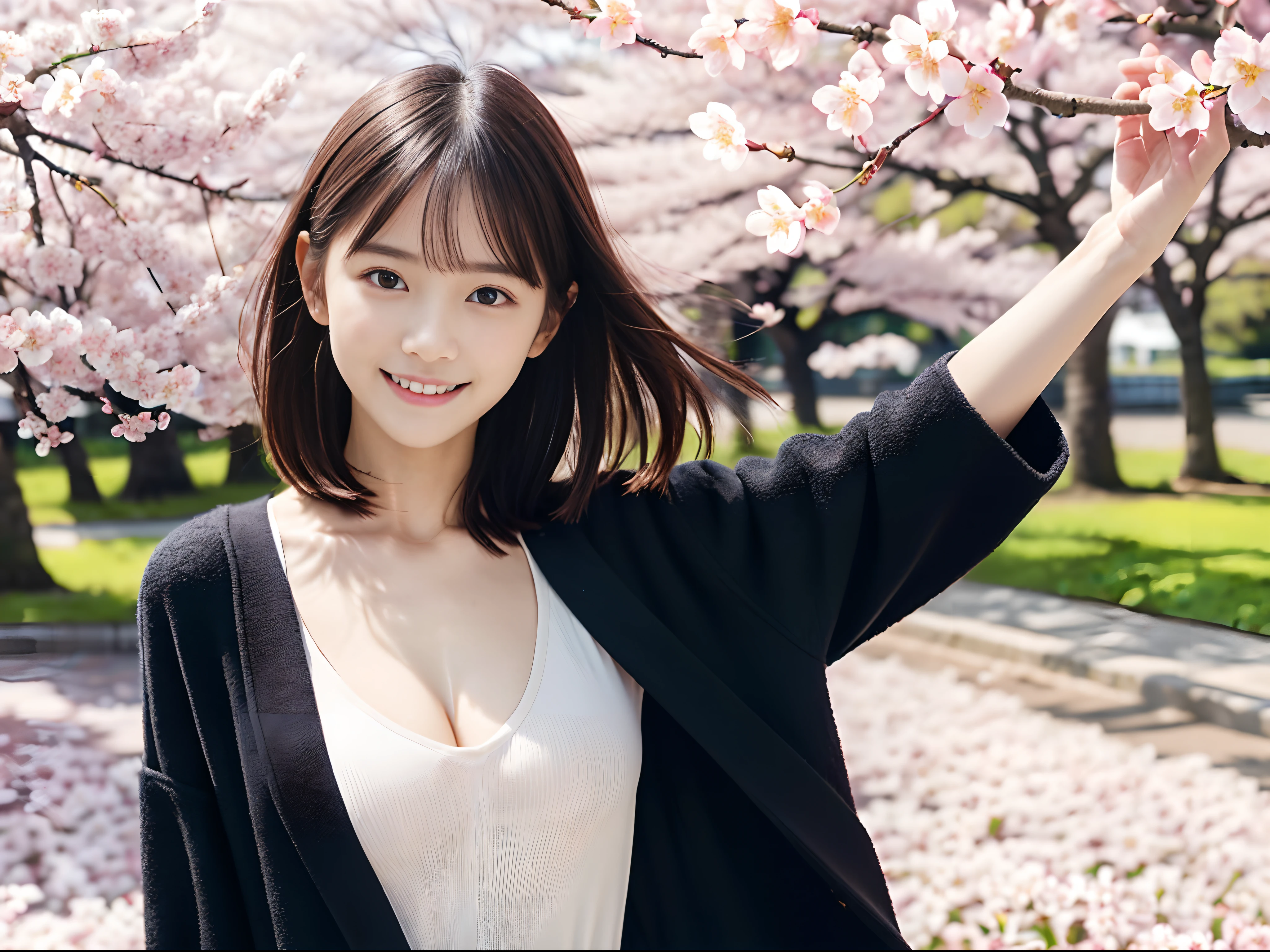 (Close up portrait of one girl with slender small breasts and short hair in spring coat and cloth :1.5)、(Girl opens her arms wide with a small smile、the hair flutters with the wind :1.5)、(Rows of cherry blossom trees in full bloom and cherry blossom petals dancing in the wind:1.5)、(Perfect Anatomy:1.3)、(No mask:1.3)、(complete fingers:1.3)、Photorealistic、Photography、masutepiece、top-quality、High resolution, delicate and pretty、face perfect、Beautiful detailed eyes、Fair skin、Real Human Skin、pores、((thin legs))、(Dark hair)