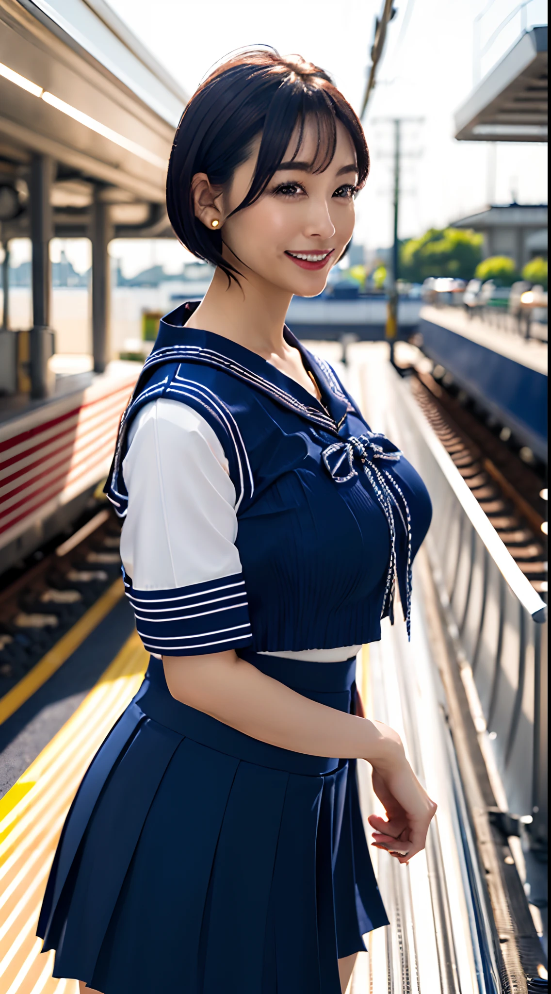 (8K、超A high resolution、The ultra -The high-definition、An ultra-high picture quality、Ultrarealistic、Best Quality、masuter piece)(quite massive chest、Pretty big breasts、Always hide all breasts:1.38)((a sailor suit、Navy Pleated Lo Mini Skirt)、quite massive chest、Pretty big breasts、toned body、Always draw from the side:1.55)(adult lady、Black hair short bob、lowfers、Navy Pleated Mini Skirt:1.15)super beautiful woman、Cute smile(Walk on the station platform:1.18)