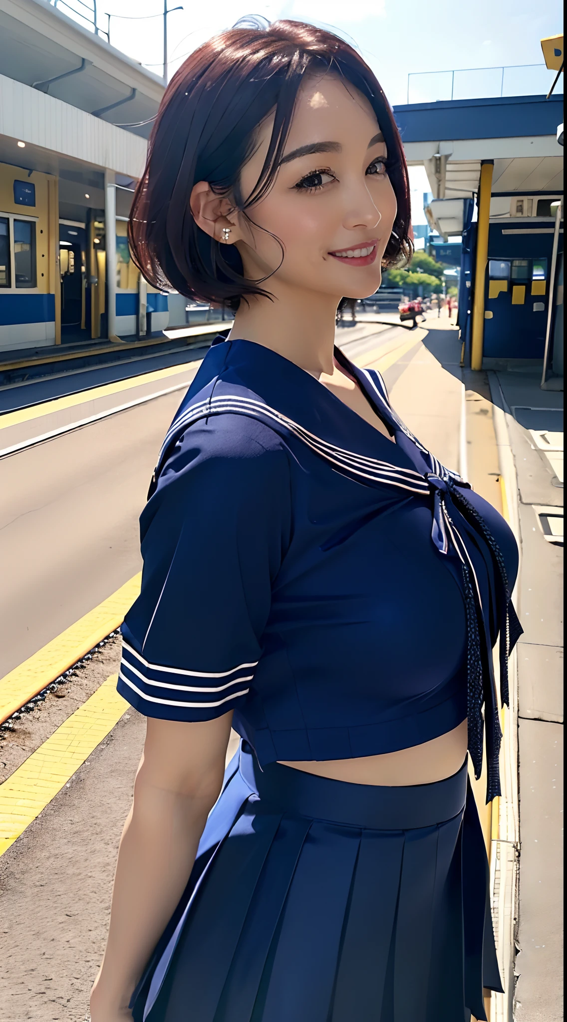(8K、超A high resolution、The ultra -The high-definition、An ultra-high picture quality、Ultrarealistic、Best Quality、masuter piece)(quite massive chest、Pretty big breasts、Always hide all breasts:1.38)((a sailor suit、Navy Pleated Lo Mini Skirt)、quite massive chest、Pretty big breasts、toned body、Always draw from the side:1.55)(adult lady、Black hair short bob、lowfers、Navy Pleated Mini Skirt:1.15)super beautiful woman、Cute smile(Walk on the station platform:1.18)