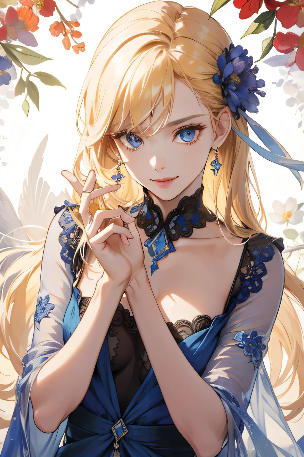 1girls, Long, straight hair and sweet bangs, blond hair, hair tie bow jewelry, Innocent., Sexy Eyes, Blue Eyes, Dress up red dress,Slim figure, A big smile, happy, Flower Garden Background, Finely detailed eyes and detailed face, intricate detailed, BREAK MOSAIC ART, Small pieces, Colorful Tesserae, intricate pattern, Tile design, Durable surface, PRESTIGIOUS TECHNIQUE BREAK TIME MACRO PHOTOGRAPHY, extreme close-up, intricate detailed, Extended surface, Stunning clarity, Hidden Beauty, Realistic BREAK perspective , Artistic Creations, Handmade Products, Unique design, intricate detailed, Creative expression, skill