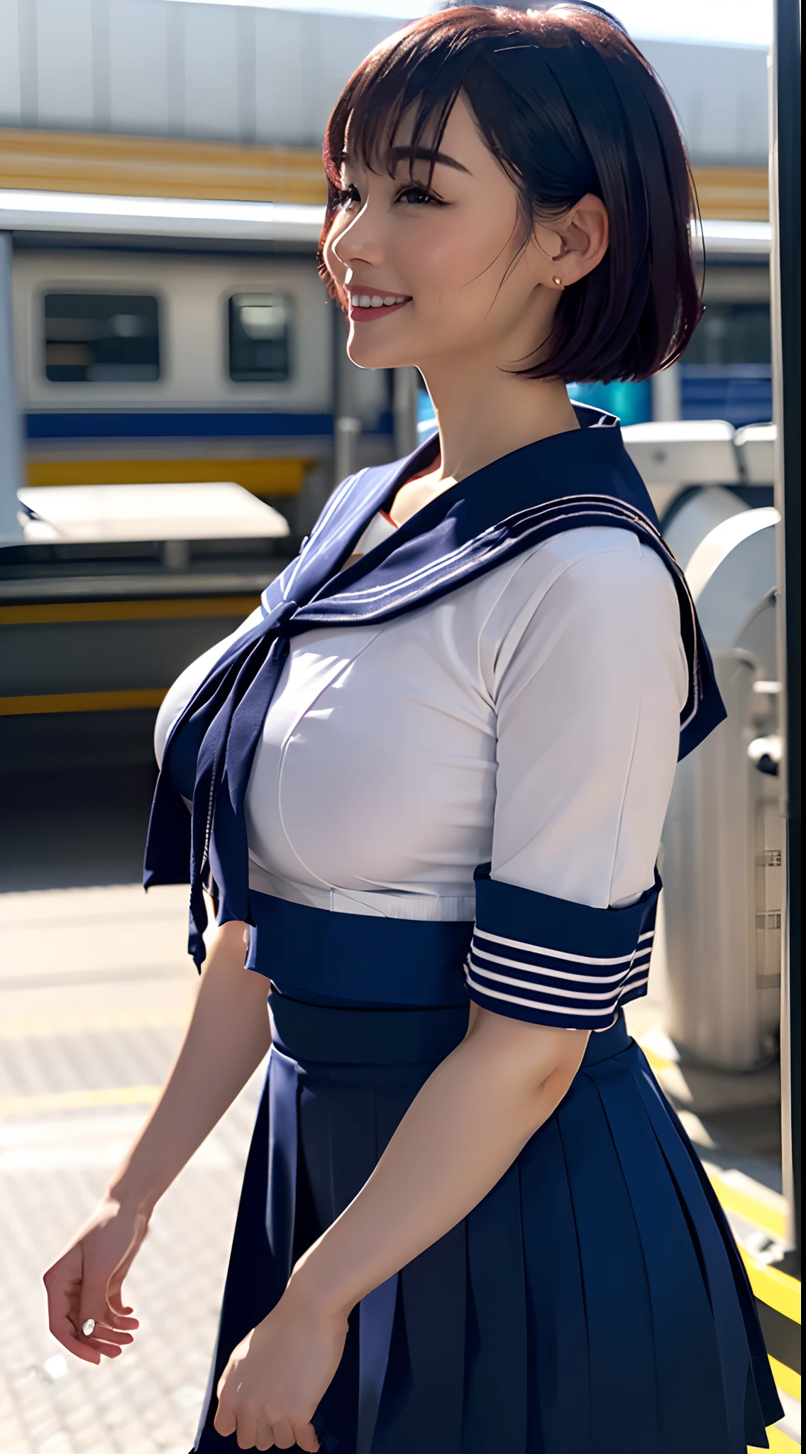 (8K、超A high resolution、The ultra -The high-definition、An ultra-high picture quality、Ultrarealistic、Best Quality、masuter piece)(quite massive chest、Pretty big breasts、Always hide all breasts:1.38)((a sailor suit、Navy Pleated Lo Mini Skirt)、quite massive chest、Pretty big breasts、toned body、Always draw from the side:1.55)(adult lady、Black hair short bob、lowfers、Navy Pleated Mini Skirt:1.15)super beautiful woman、Cute smile(Walk on the station platform:1.18)