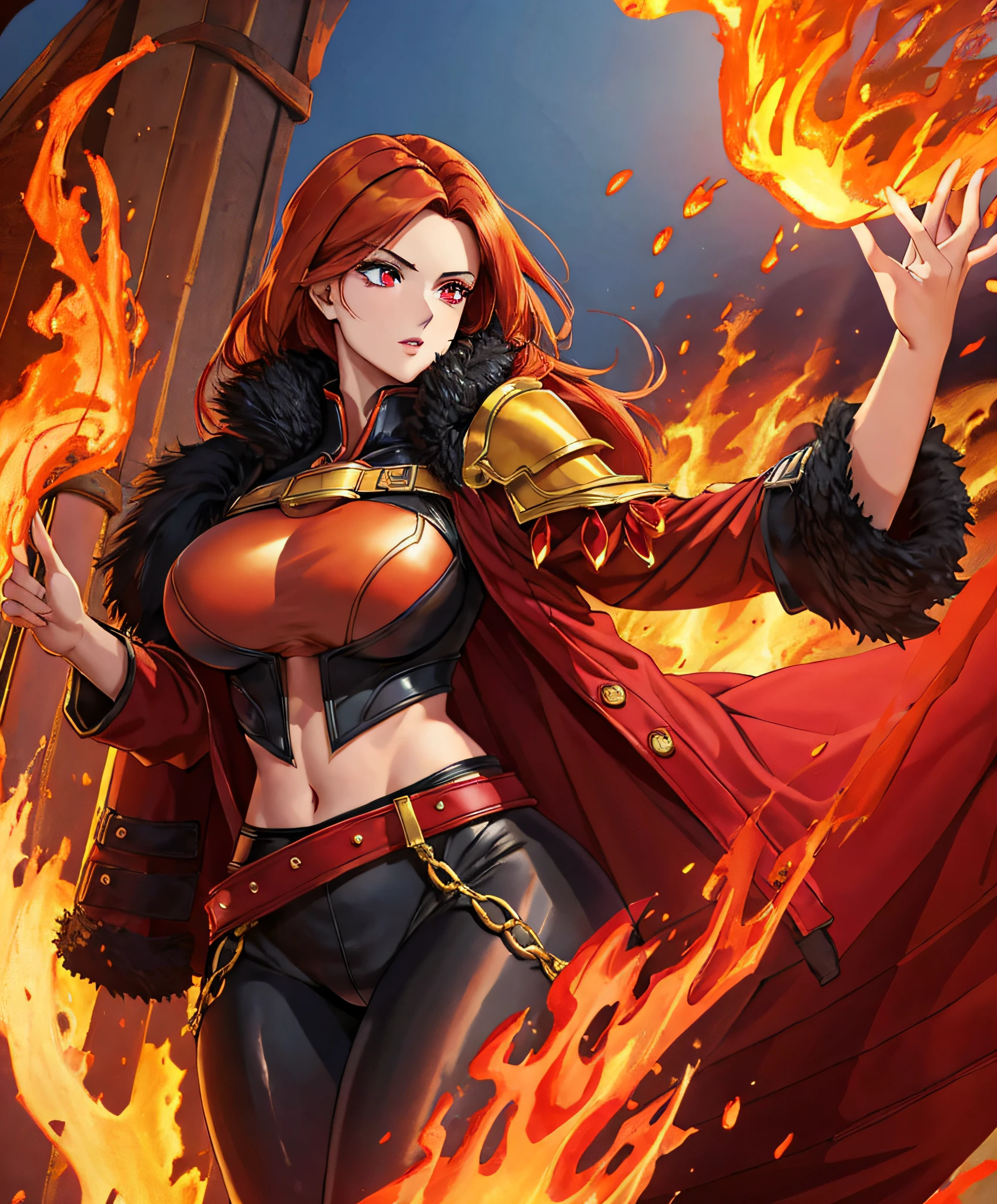 (masterpiece:1.2, best quality), beautiful, a 23yo woman, fiery hair, fire goddess, (glowing red eyes), extremely detailed face, beautiful detailed eyes, defined jawline, (perfect anatomy), wearing red armor, midriff, textured skin, hot lighting, flames, embers, measures 70-40-95, beautiful figure, confidant, wearing black leggins, big legs, highly voluptuous thighs, wears a black coat, fire powers, fire hero, big ass, solo girl, thick legs,