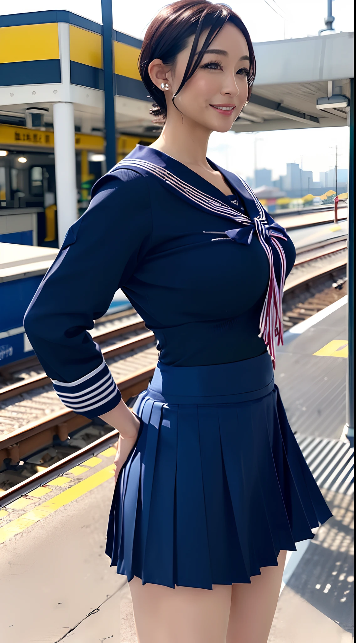 (8K、超A high resolution、The ultra -The high-definition、An ultra-high picture quality、Ultrarealistic、Best Quality、masuter piece)(quite massive chest、Pretty big breasts、Always hide all breasts:1.38)((a sailor suit、Navy Pleated Lo Mini Skirt)、quite massive chest、Pretty big breasts、toned body、Always draw from the side:1.55)(adult lady、Black hair short bob、lowfers、Navy Pleated Mini Skirt:1.15)super beautiful woman、Cute smile(Walk on the station platform:1.18)