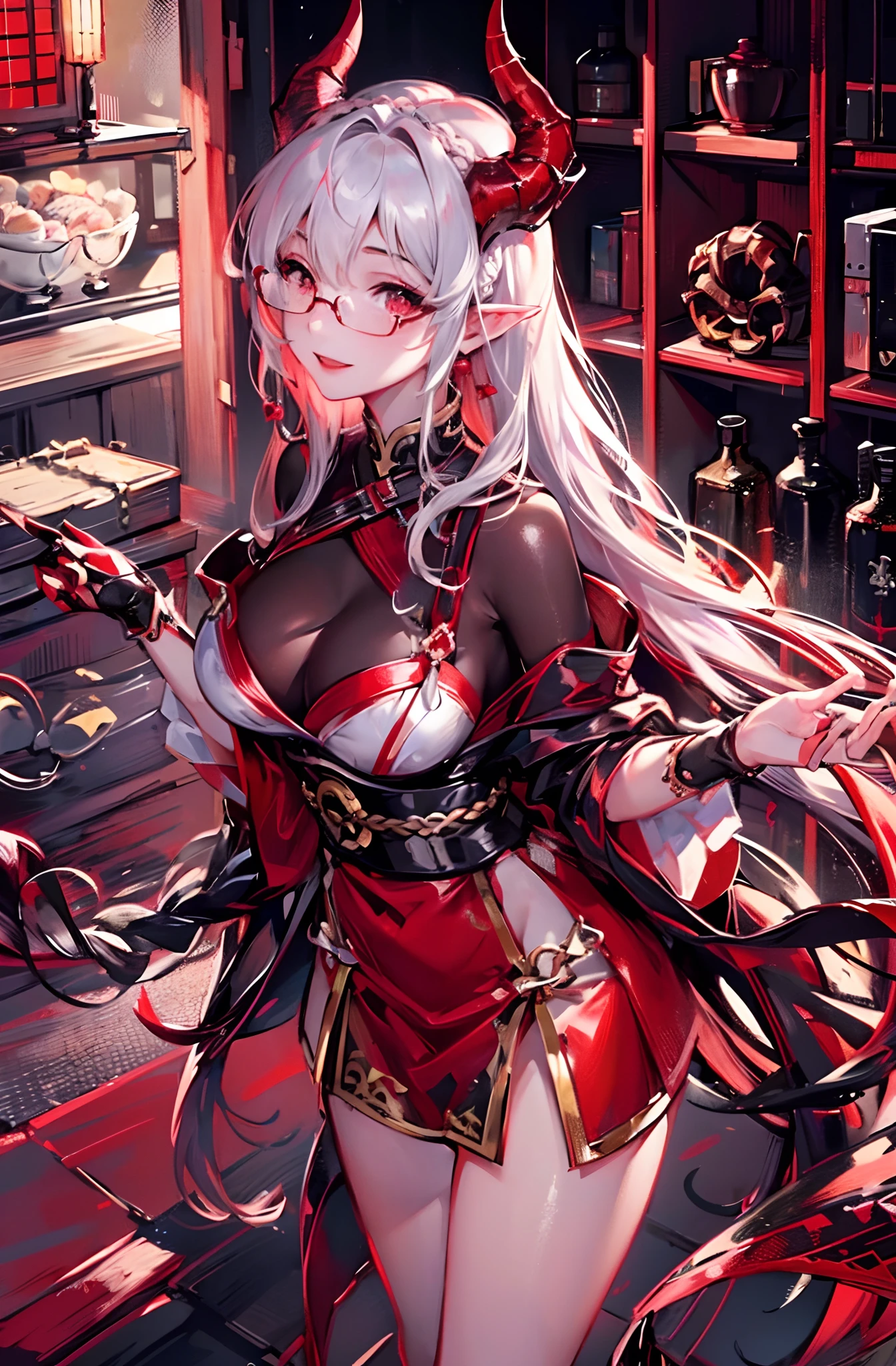 sharp, focus, 4k, 8k, HDR, one girl closeup, high res, dragon horns, perfect arms, perfect hands, standing, perfect eyes, red eyes, loving smile, long white braided hair, eyeglasses, red lipstick, bangs, Japanese house background