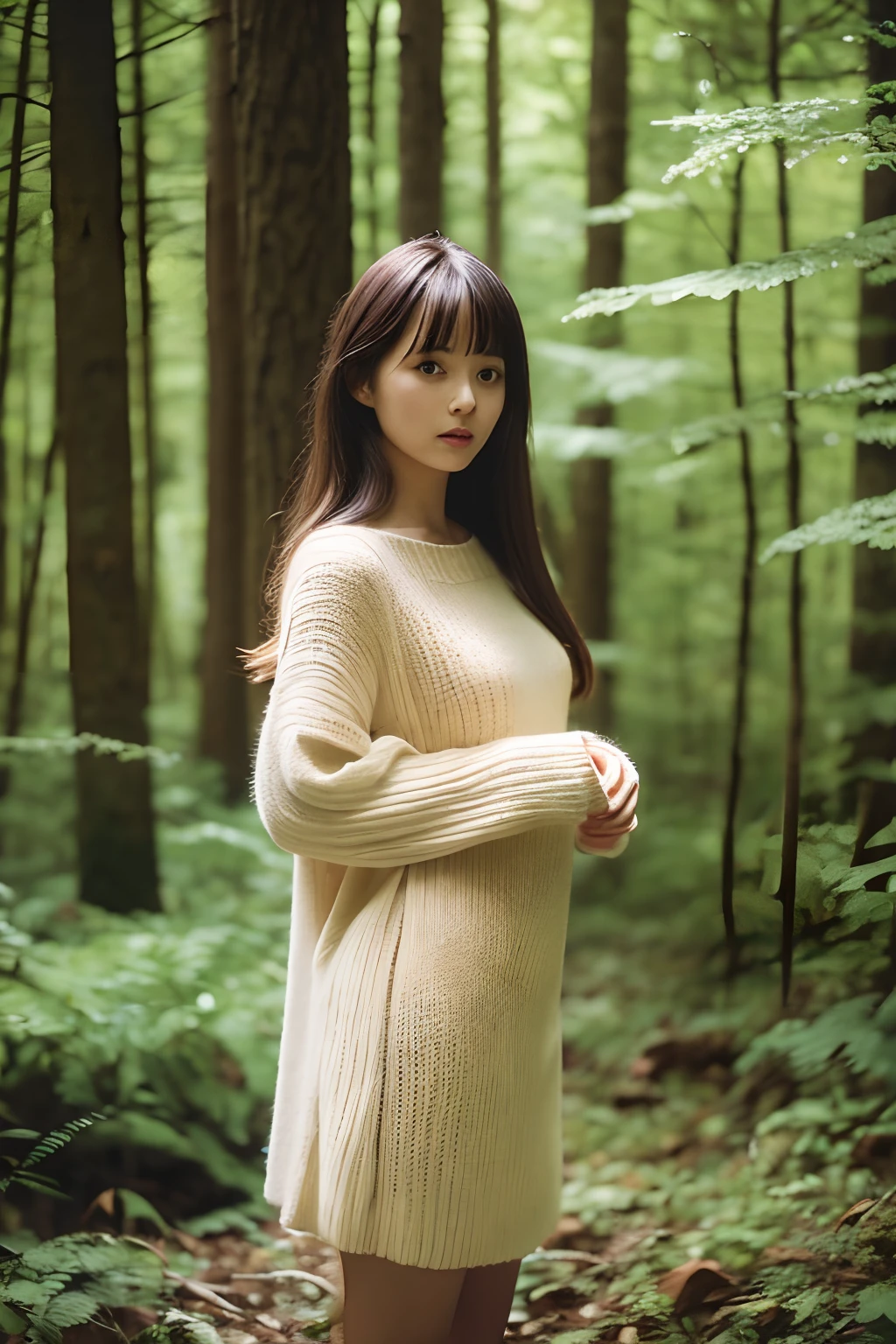Long-haired beauty in knitted dress is standing、Panties can be seen from the skirt that has been rolled up.。I took a gravure shot with an SLR in the forest