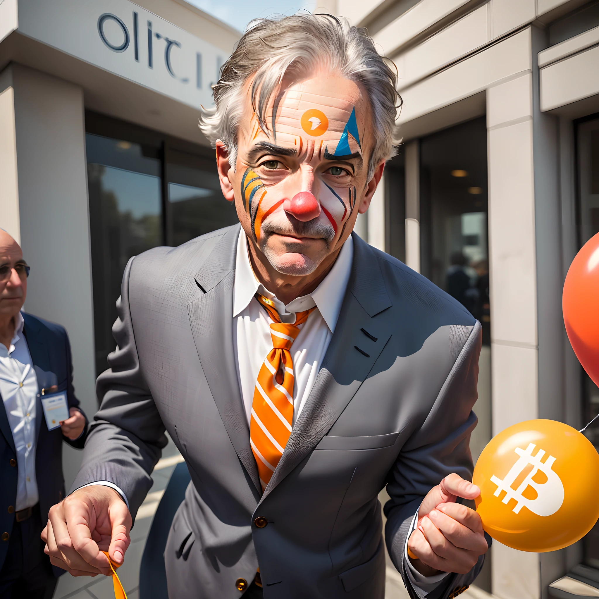 Gary Gensler wearing a grey suit with his face painted like a sad clown. He's holding a orange ballon with the bitcoin logo on it.