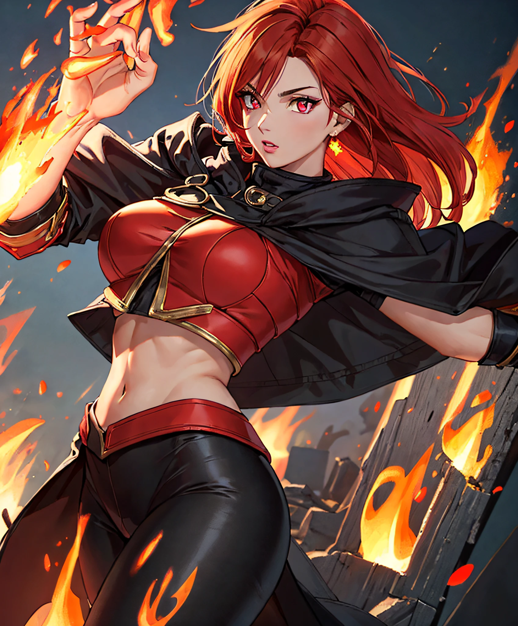 (masterpiece:1.2, best quality), beautiful, a 23yo woman, fiery hair, fire goddess, (glowing red eyes), extremely detailed face, beautiful detailed eyes, defined jawline, (perfect anatomy), wearing red armor, midriff, textured skin, hot lighting, flames, embers, measures 65-40-90, beautiful figure, confidant, wearing black leggins, big legs, highly voluptuous thighs, wears a black coat, fire powers, fire hero, big ass, solo girl,