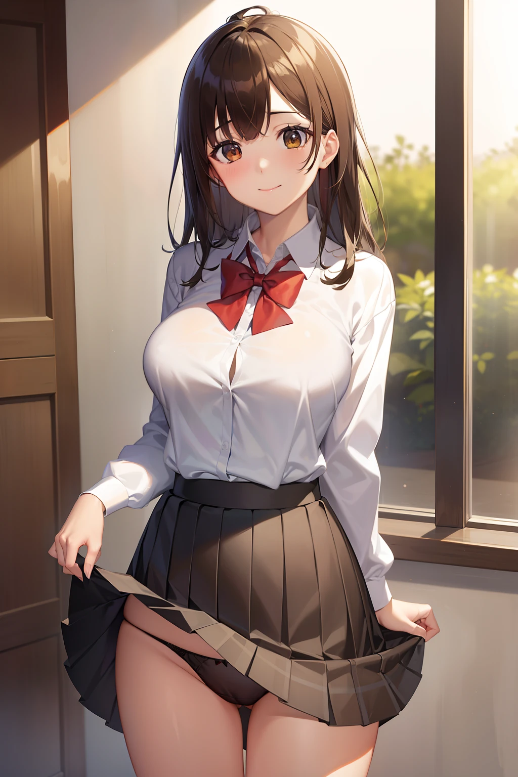 Sayuogi Wara, Sayu Ogiwara, Brown hair, (Brown eyes:1.5), Medium Hair,Take off your uniform, Bow, Red bow, Long sleeves, Shirt, Collared shirt, White shirt, Skirt, Pleated skirt, Black skirt, Naughty big、large full breasts、BREAK looking at viewer, Break indoors, crass room,BREAK (masutepiece:1.2), Best Quality, High resolution, Unity 8k壁纸, (Illustration:0.8), (Beautiful detailed eyes:1.6), extra detailed face, Perfect Lighting, extremely details CG, (Perfect hands, Perfect Anatomy),A smile、(Skirt lift:1.3), (white panties:1.3)、(Skirt that rolls up:1.3)、(Fully exposed panties:1.5)、