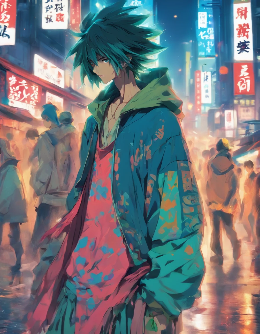 Listless young people on the streets of China's metropolis，emaciated，Walk the streets listlessly，Clothes are shabby，Many pedestrians on the street were watching him。。。。。。，high detal，high high quality