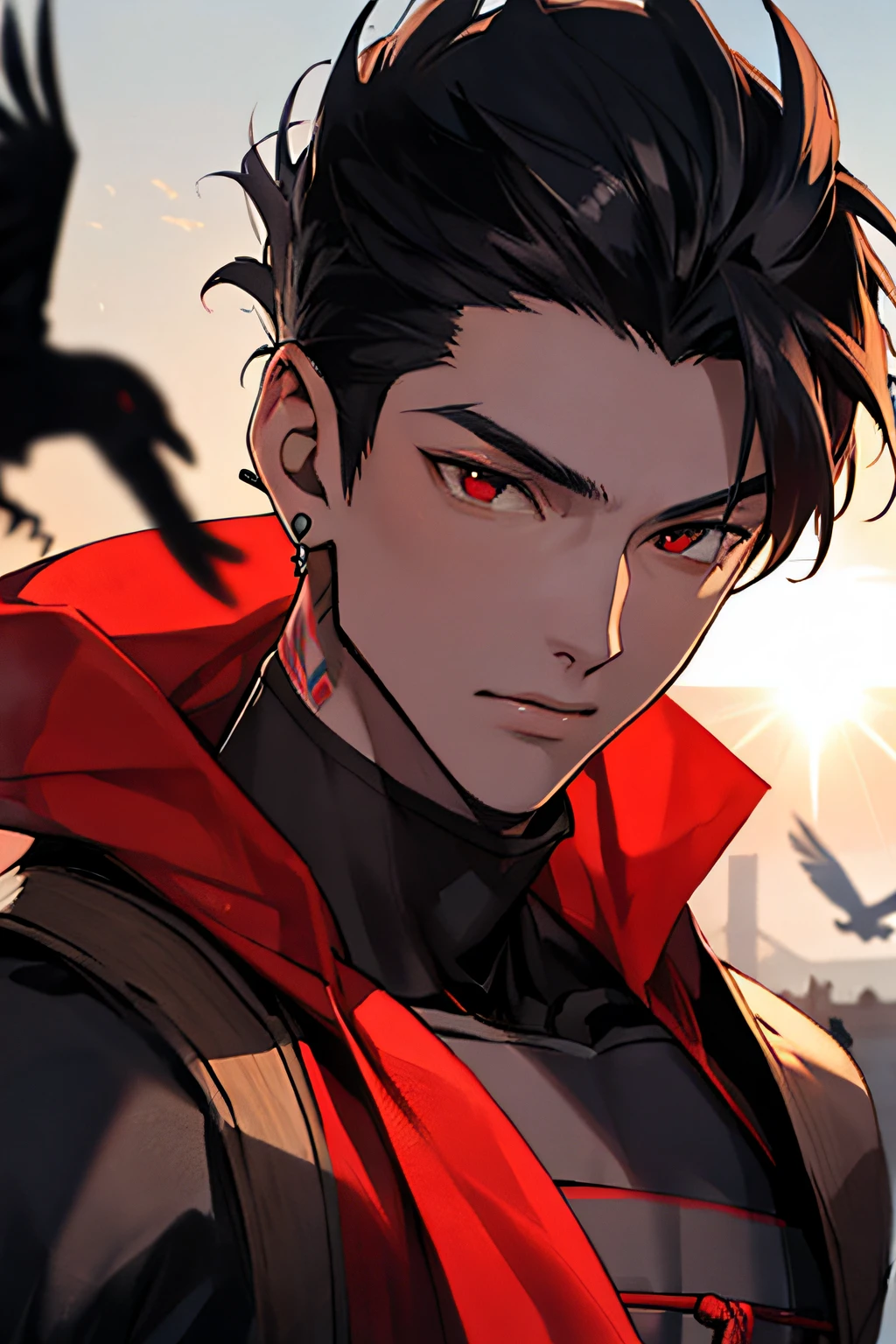 Face man , masterpiece, best quality, (1 male), 25 years old, mature, short hair,  black hair, red eyes, small earrings, arm tattoo, ninja clothes model style, shinobi, feudal japan, from above, (dutch angle) , fisheye), lens flare, depth of field, crows flying behind, feudal city, end of day, twilight, dusk,