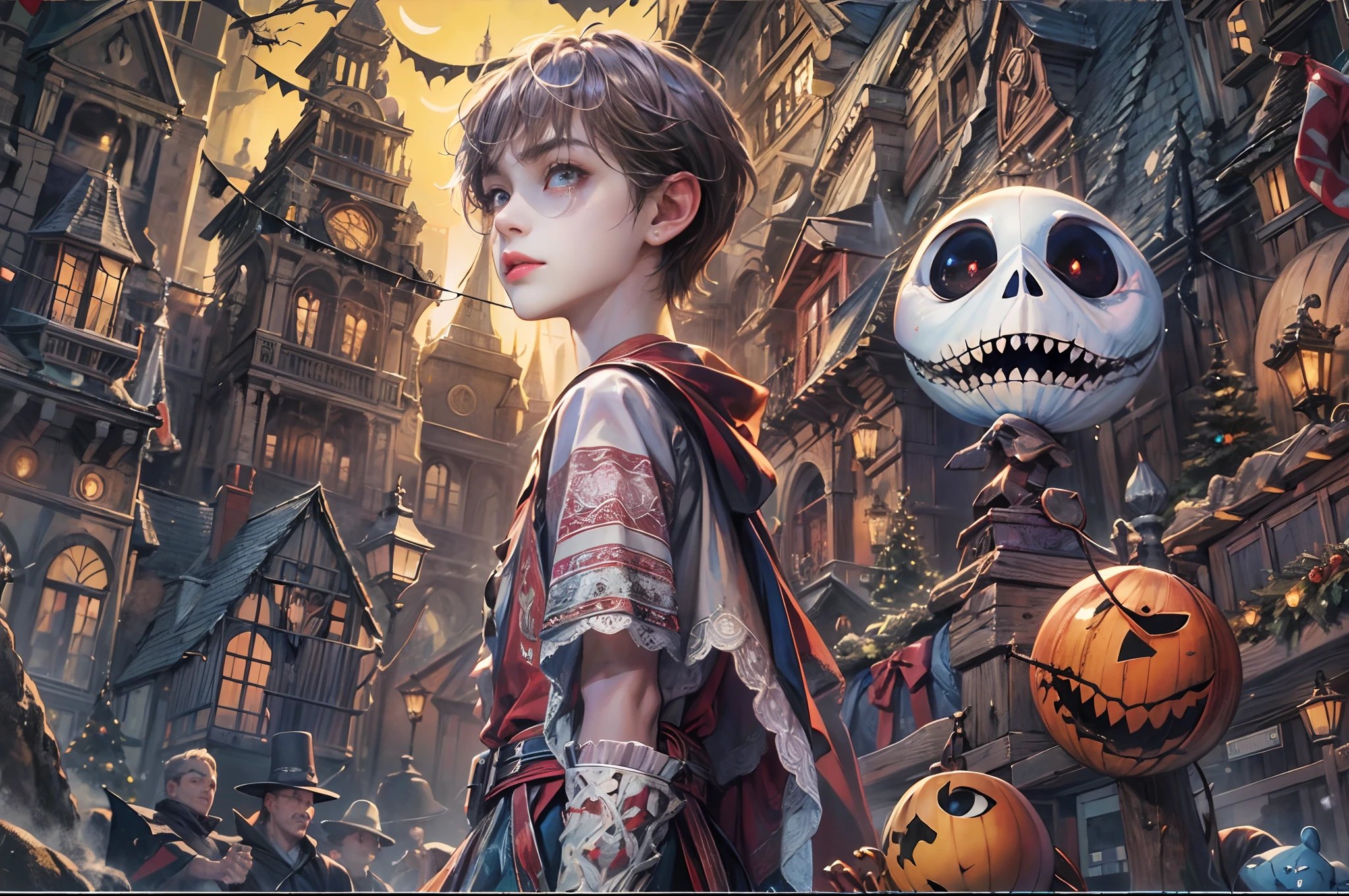 (absurdres, highres, ultra detailed, HDR), masterpiece, best quality, 1 boy, handsome boy, cool hero, big anime eyes, young boy, detailed scenery, detailed character, nightmare before Christmas theme, art kenouji
