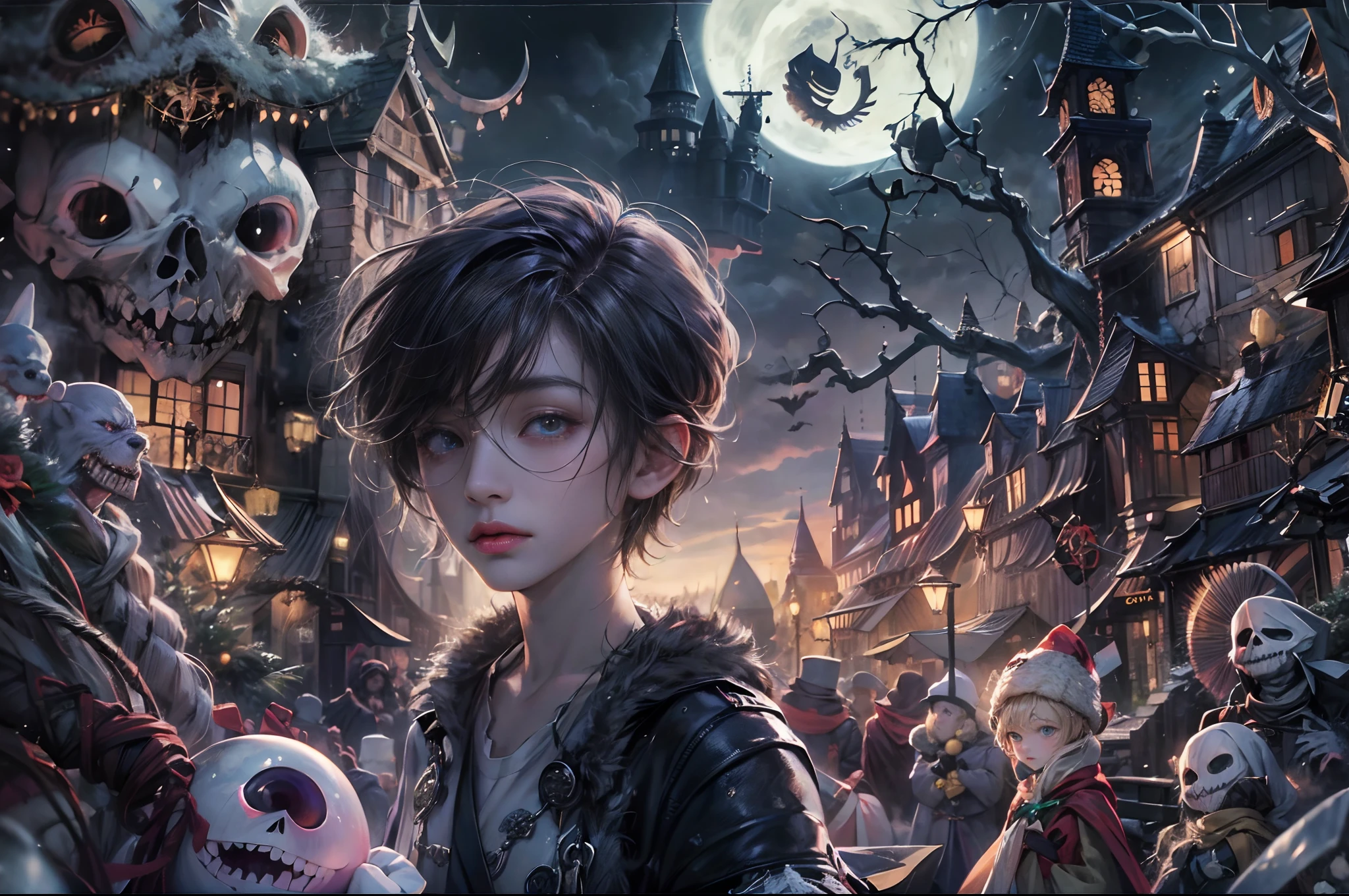 (absurdres, highres, ultra detailed, HDR), masterpiece, best quality, 1 boy, handsome boy, cool hero, big anime eyes, young boy, detailed scenery, detailed character, nightmare before Christmas theme, art kenouji
