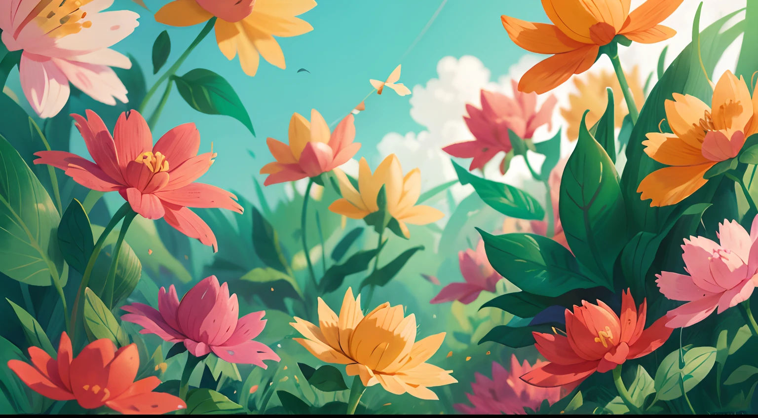 Colorful flowers swaying softly in the breeze, Borboletas, criando um visual vibrante e alegre.
