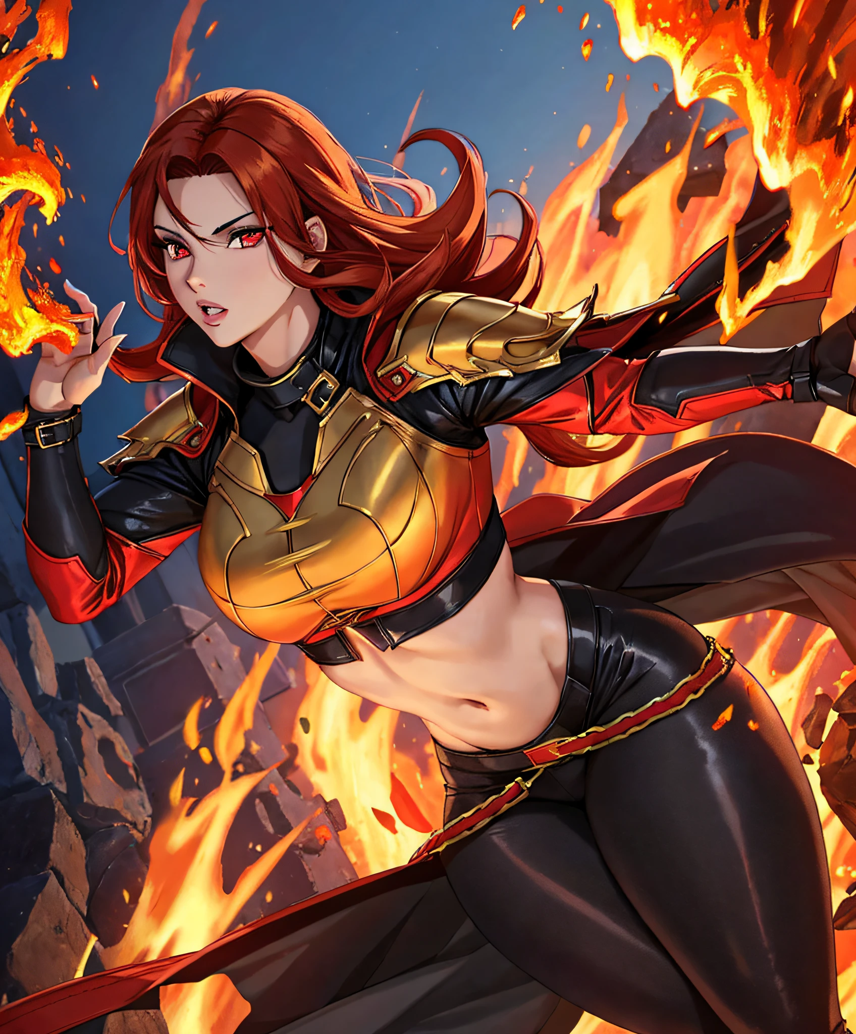 (masterpiece:1.2, best quality), beautiful, a 23yo woman, fiery hair, fire goddess, (glowing red eyes), extremely detailed face, beautiful detailed eyes, defined jawline, (perfect anatomy), wearing red armor, midriff, textured skin, hot lighting, flames, embers, measures 65-40-90, beautiful figure, confidant, wearing black leggins, big legs, highly voluptuous thighs, wears a black coat, fire powers, fire hero, big ass, solo girl,