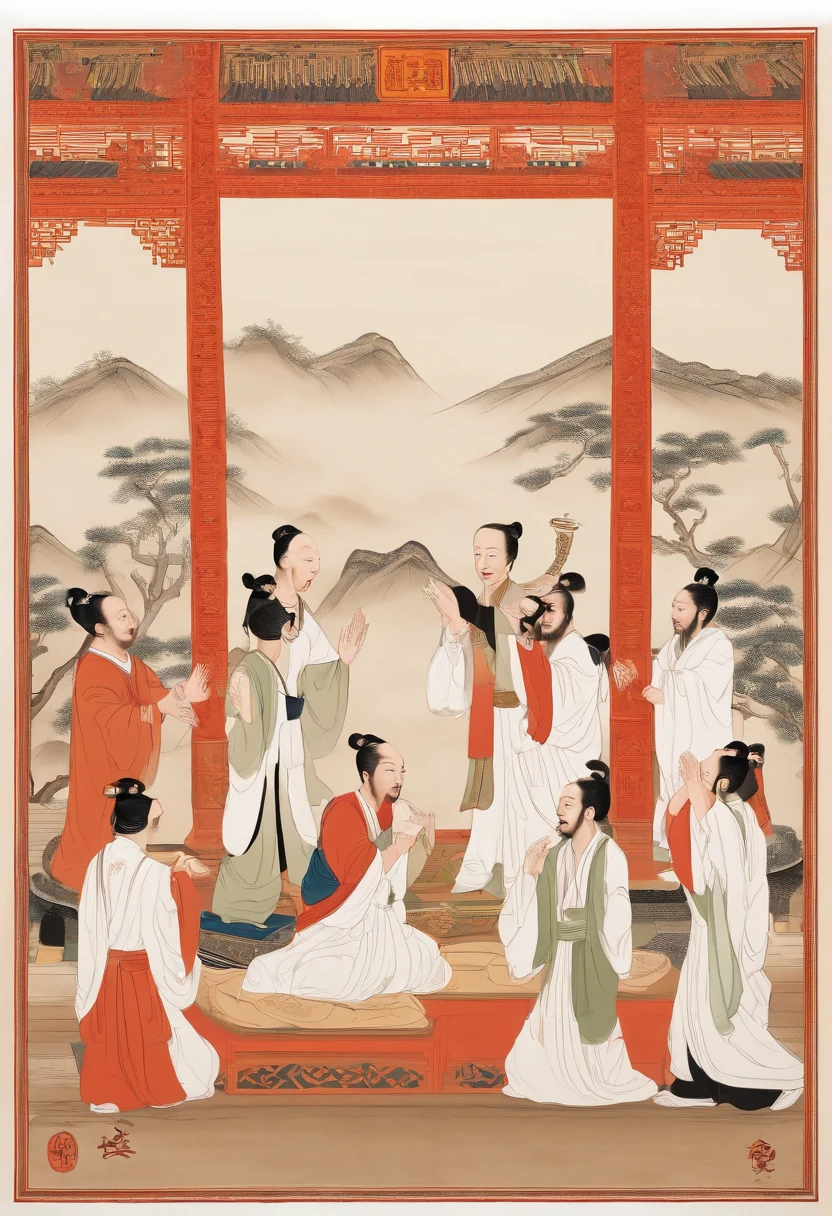 Ultra-clear detailed，Ancient Chinese scholars bowed their whole bodies，Salute，Kowtow，Hands-on ceremony，Four ceremonial postures and expressions，white backgrounid，illustratio，Flat color，Simple line 2D painting，Pop Art Station，number art，pixel style cartoons，