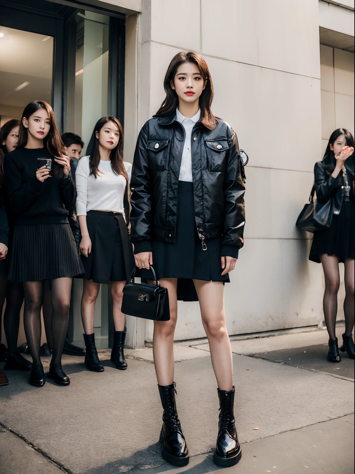 (RAW photo:1.2), (Photorealistic:1.4),Beautiful detailed woman,very detailed eyes and faces, A detailed eye, ultra - detailed, A high resolution, The is very detailed,best qualtiy,illustratio,unified,8k 壁纸,tmasterpiece,best qualtiy,1 group of girls standing side by side,full bodyesbian, 1girll,Solo,a skirt,Pocket,carryng bag,long whitr hair,Boots,jewely,full bodyesbian,brown hair,Fashionab,jaket,Black shoes,耳Nipple Ring,standing on your feet,with brown eye,realisticlying