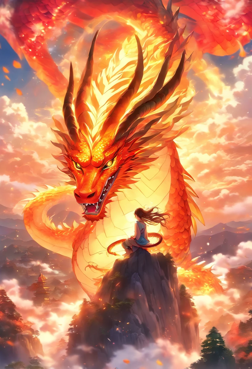 (bright, vibrant colors),(best quality,highres,ultra-detailed),girl sitting on the back of a majestic dragon with intricate scales and flowing mane,soaring through the sky,fierce dragon head with expressive eyes,beautifully patterned wings,clouds and mist surrounding them,celestial sunlight casting a golden glow,lush mountains and forests below,peaceful and serene landscape.