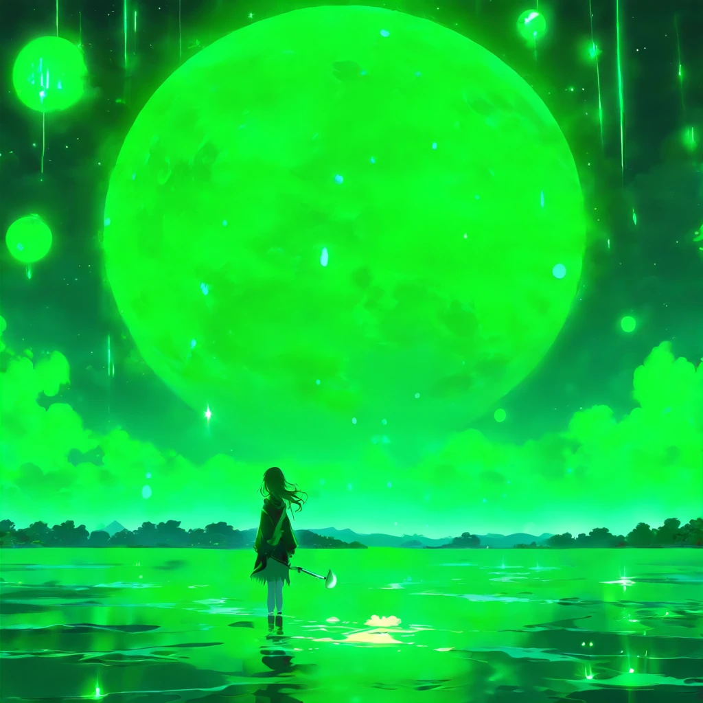 The sky is a full moon,Fluorescent green full moon,Below is the surface of the water, with black background,luminescent concept art, phosphorescence, calm evening. Digital illustration, Glowing, fluorescent skin