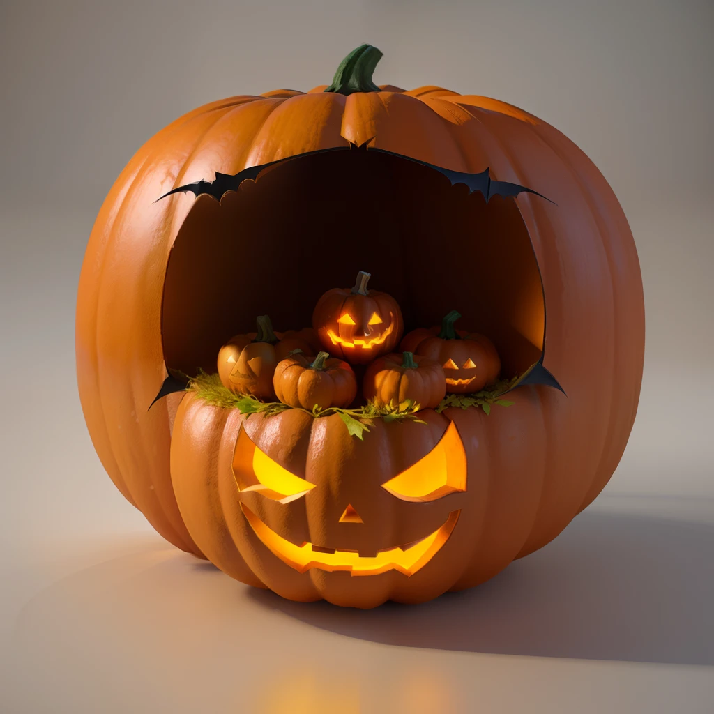 three-dimensional image of halloween pumpkins, spider webs and bats, Tim Burton style