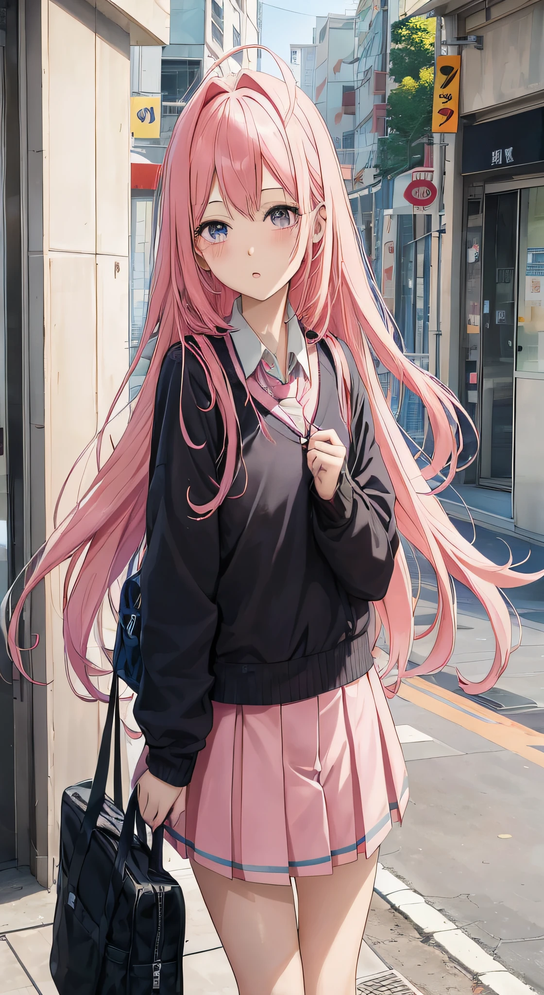 Anime girl with pink hair and black jacket and black wallet, Anime girl with long hair, Beautiful Anime High School Girls, up of young anime girl, pink twintail hair and cyan eyes, anime visual of a cute girl, Anime style. 8K, An anime girl, Realistic young anime girl, Cute anime girl, Portrait of an anime girl, Beautiful anime girl