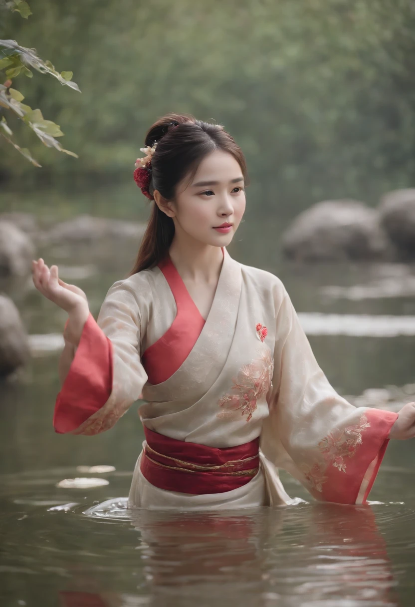 ((4k,master part,best quality)), Shuimobysim, Pintura chinesa, lotuses, Hanfu, MaxisKit, vestido aberto, swf 1menina, sozinho, cabelos azuis longos, sorrir, Standing, feet in the water, barefoot,