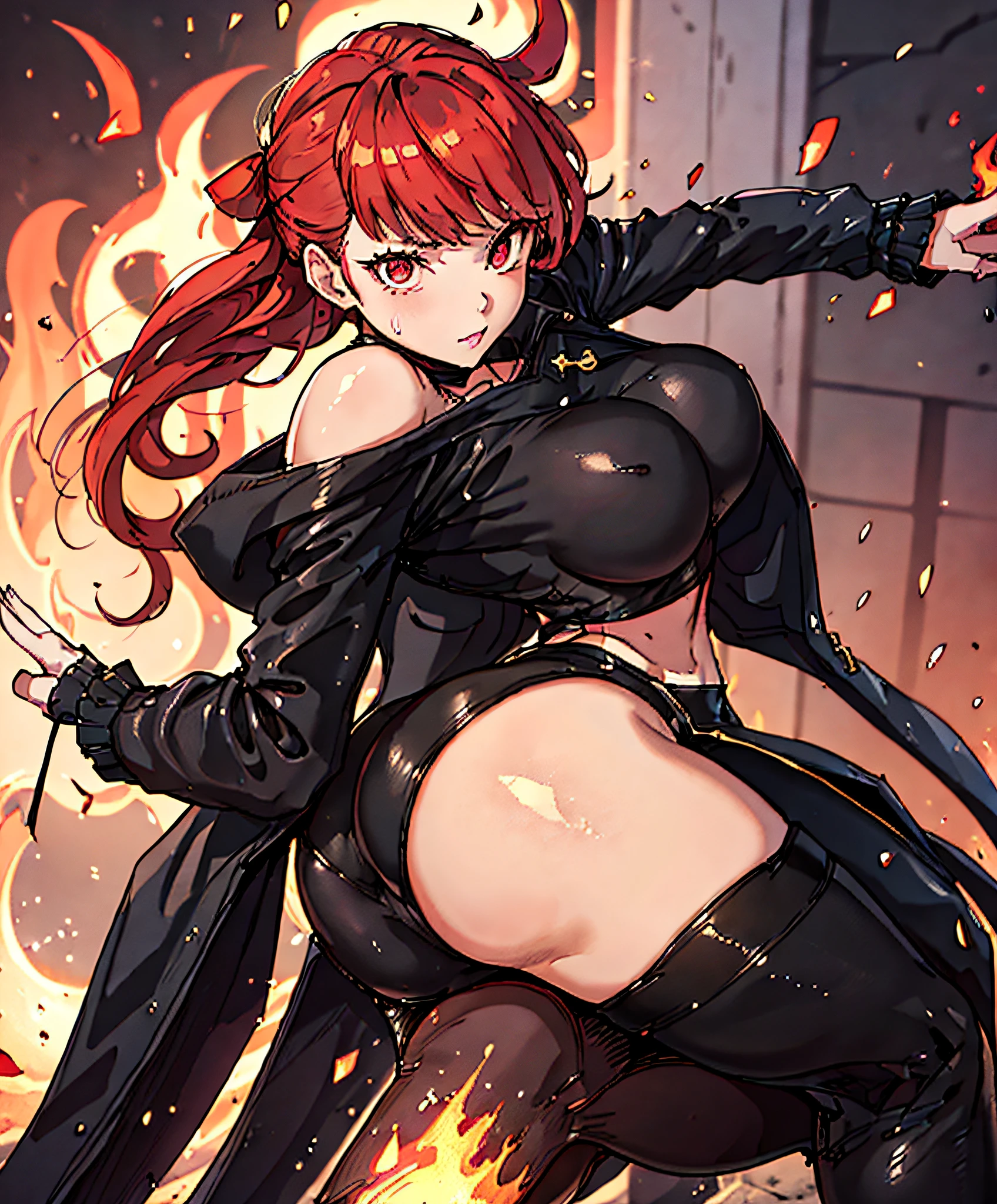 (masterpiece:1.2, best quality), beautiful, a 23yo woman, fiery hair, fire goddess, (glowing red eyes), extremely detailed face, beautiful detailed eyes, defined jawline, (perfect anatomy), wearing red armor, midriff, textured skin, hot lighting, flames, embers, measures 65-40-95, beautiful figure, confidant, wearing black leggins, big legs, highly voluptuous thighs, wears a black coat, fire powers, fire hero, big ass, solo girl,