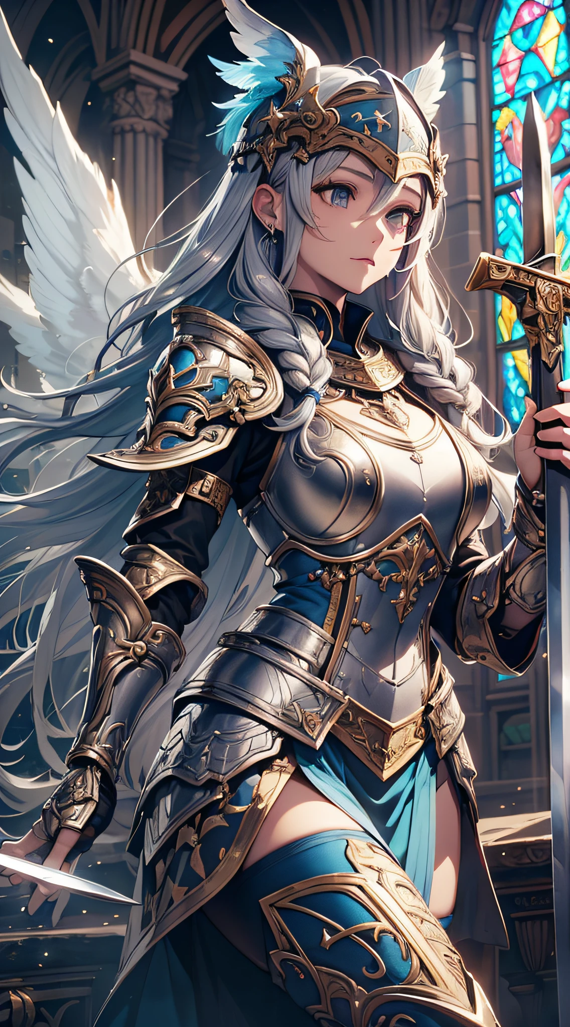 (Official art、Best Quality、Unity 8k Wallpapers、32K、masterpiece、ultra-detailliert、超A high resolution、realisitic、Photorealsitic:1.2)、(Cinematic lighting:1.2)、Fireglow effect、film grains、Best Shadows、Rim lighting、side lights、(Ultra-detailed and complex 3D rendering)、Detailed beautiful face and eyes、Sharp pupils、Realistic pupils、A slender、1Man Woman、Medium bust、(Full body:1.2)、 beauitful face、-yeld beiful girl、(super detailed skin、detailed skin textures:1.3)、(silver blond、Blue-silver hair:1.3)、Paladin、Longhaire、Blunt bangs、Gray eyes、3 braids in 1 bunch、(Blue Armor、Blue Boots、Blue helmet、Jeweled、Gold embroidery)、A slender、Maxi skirt、(thighs thighs thighs thighs:0.8)、(chies、in a house、Artistic stained glass、Large pipe organ、crosses、Hello Point、Mystical、a lot of feathers float、angelicales、Particles of light、solemnity、Sunlight is、colourfull、Fantastical:1.2)、(Fantastical:1.3)、(Holding a holy sword:1.4)、(Looking away、looking distantly:1.3)、Fantastical、Gentle smile、I opened my mouth a little、
