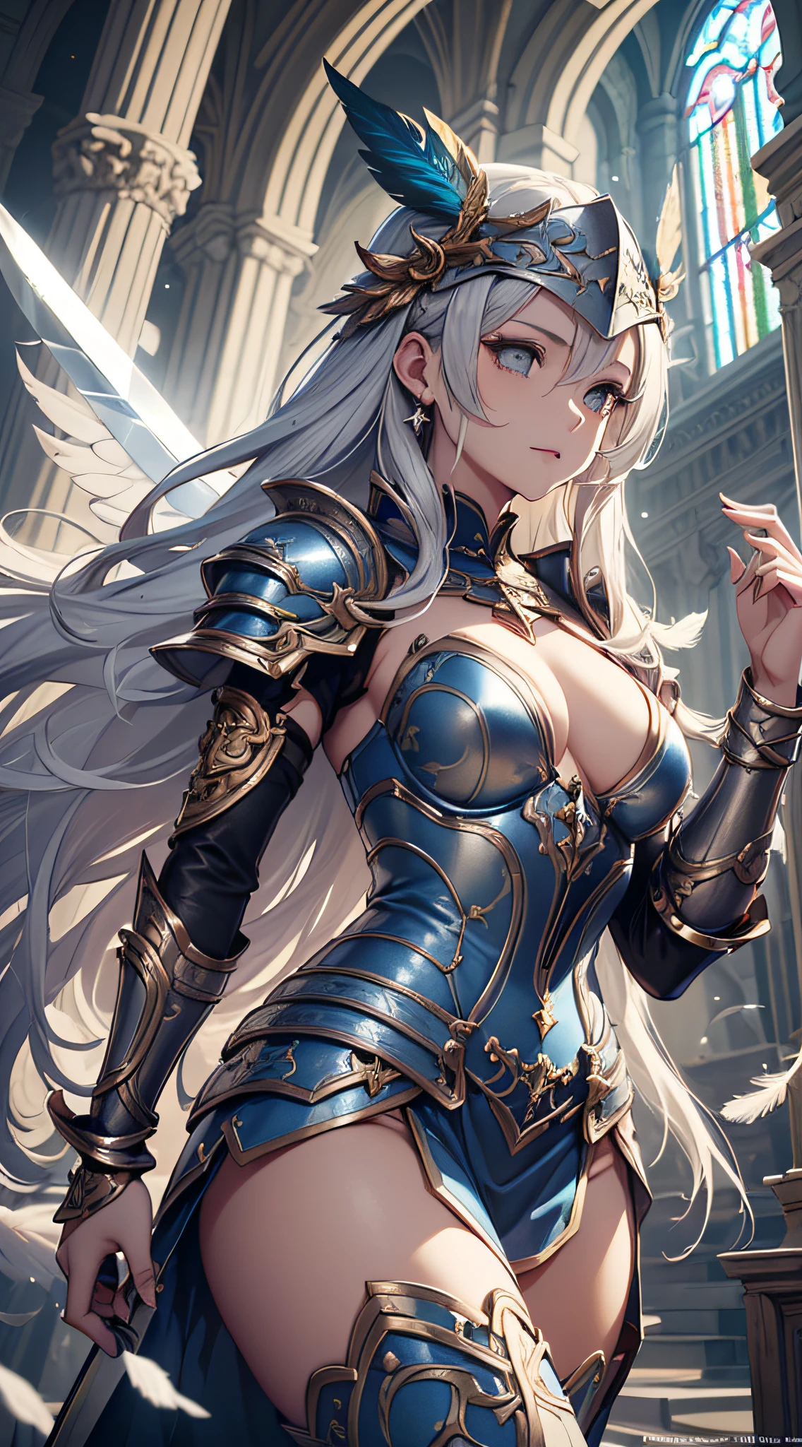 (Official art、Best Quality、Unity 8k Wallpapers、32K、masterpiece、ultra-detailliert、超A high resolution、realisitic、Photorealsitic:1.2)、(Cinematic lighting:1.2)、Fireglow effect、film grains、Best Shadows、Rim lighting、side lights、(Ultra-detailed and complex 3D rendering)、Detailed beautiful face and eyes、Sharp pupils、Realistic pupils、A slender、1Man Woman、Medium bust、(Full body:1.2)、 beauitful face、16-year-old beautiful girl、(super detailed skin、detailed skin textures:1.3)、(silver blond、Blue-silver hair:1.3)、Paladin、Longhaire、Blunt bangs、Gray eyes、3 braids in 1 bunch、(Blue Armor、Blue Boots、Blue helmet、Jeweled、Gold embroidery)、A slender、Maxi skirt、(thighs thighs thighs thighs:0.8)、(chies、in a house、Artistic stained glass、Large pipe organ、crosses、Hello Point、Mystical、a lot of feathers float、angelicales、Particles of light、solemnity、Sunlight is、colourfull、Fantastical:1.2)、(Fantastical:1.3)、(Holding a holy sword:1.4)、(Looking away、looking distantly:1.3)、Fantastical、Gentle smile、I opened my mouth a little、