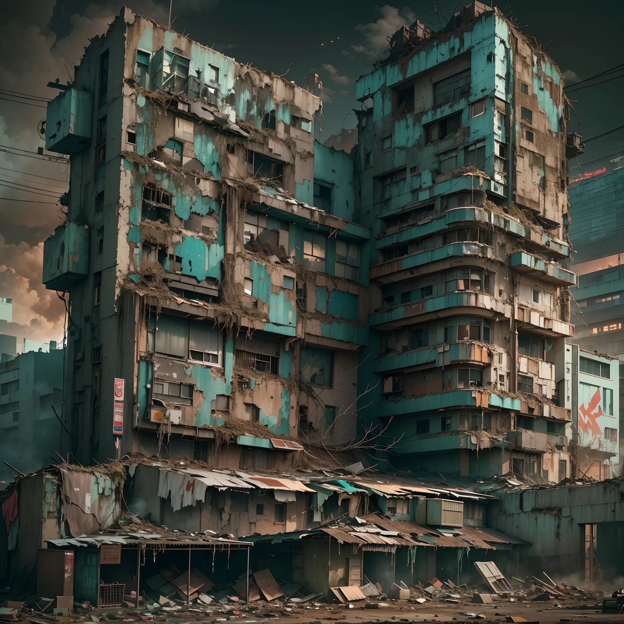 (illuminations,punk,postapocalyptic,Cyberpunk,Sci-fi:1.2), (Best quality,4K,8K,A high resolution,Masterpiece:1.2), (hdr,hyper HD,Ultra-detailed) The Central Hospital appeared in the apocalypse, Punk world. hospitals, rising tall，Flashing neon, Reflects the remnants of the post-apocalyptic period. The walls are decorated with vibrant graffiti art, A vivid blend of futuristic cyberpunk elements and a hint of rebellious punk culture. The exterior of the hospital is decorated with a mixture of exposed mechanical gears, Tangled wires, As well as the remnants of decaying skyscrapers in the distance. The scene is dominated by cold steel and concrete structures, Eerily flamethrowers cast shadows on the streets. The area around the hospital is littered with scattered debris and remnants of shredding technology, Create an atmosphere of desolation and chaos. The scene embodies the fusion of technology and decay, Capture the essence of society on the verge of collapse, But still clinging to the remnants of its rebellious spirit.