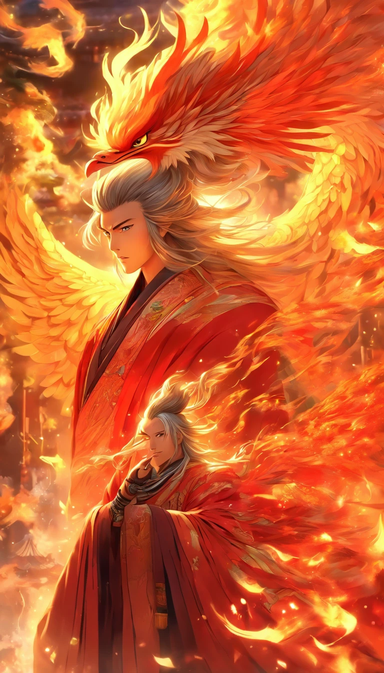 China-style，中景 the scene is，The Taoist priest stood in front of the huge firebird with open wings，massive wings，Stretch out your hands，long messy hair，efeitos de brilho，hyper-realistic，Ultra foto realsisim，Estilo de tinta chinesa，fogoso，vermelho，Mancha，tinta，8k，super-fino，alta qulidade，（（（Renderizador OC）））