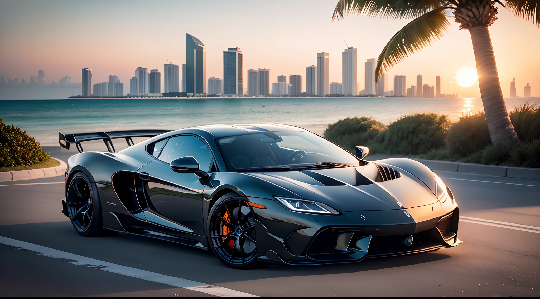 photorealistic. supercar. background sunset, Miami skyline. palm trees. beach.