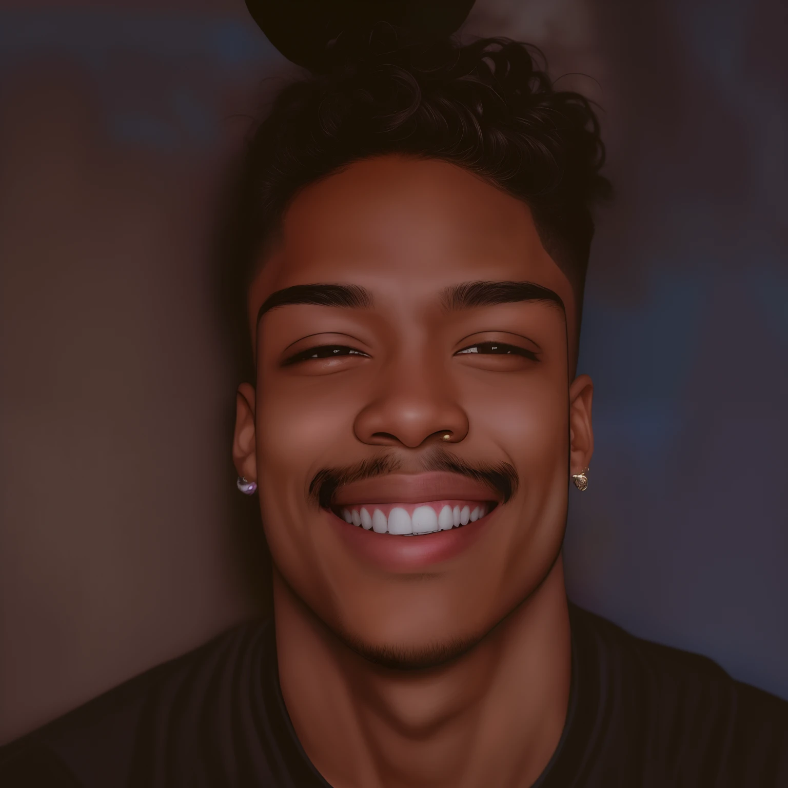 There is a man with a mustache and mustache on his head, Unibrow, sorriso insano, he's smiling, sorrindo timidamente, Grande sorriso preto, sorriso largo, Foto em estilo de Tyler Mitchell, sorriso detalhado, sorriso pateta, smug smirk, sorriso vertiginoso, retrato de alta qualidade, No estilo de Tyler Mitchell, foto de perfil headshot, sorriso manhoso, Jamie Reid