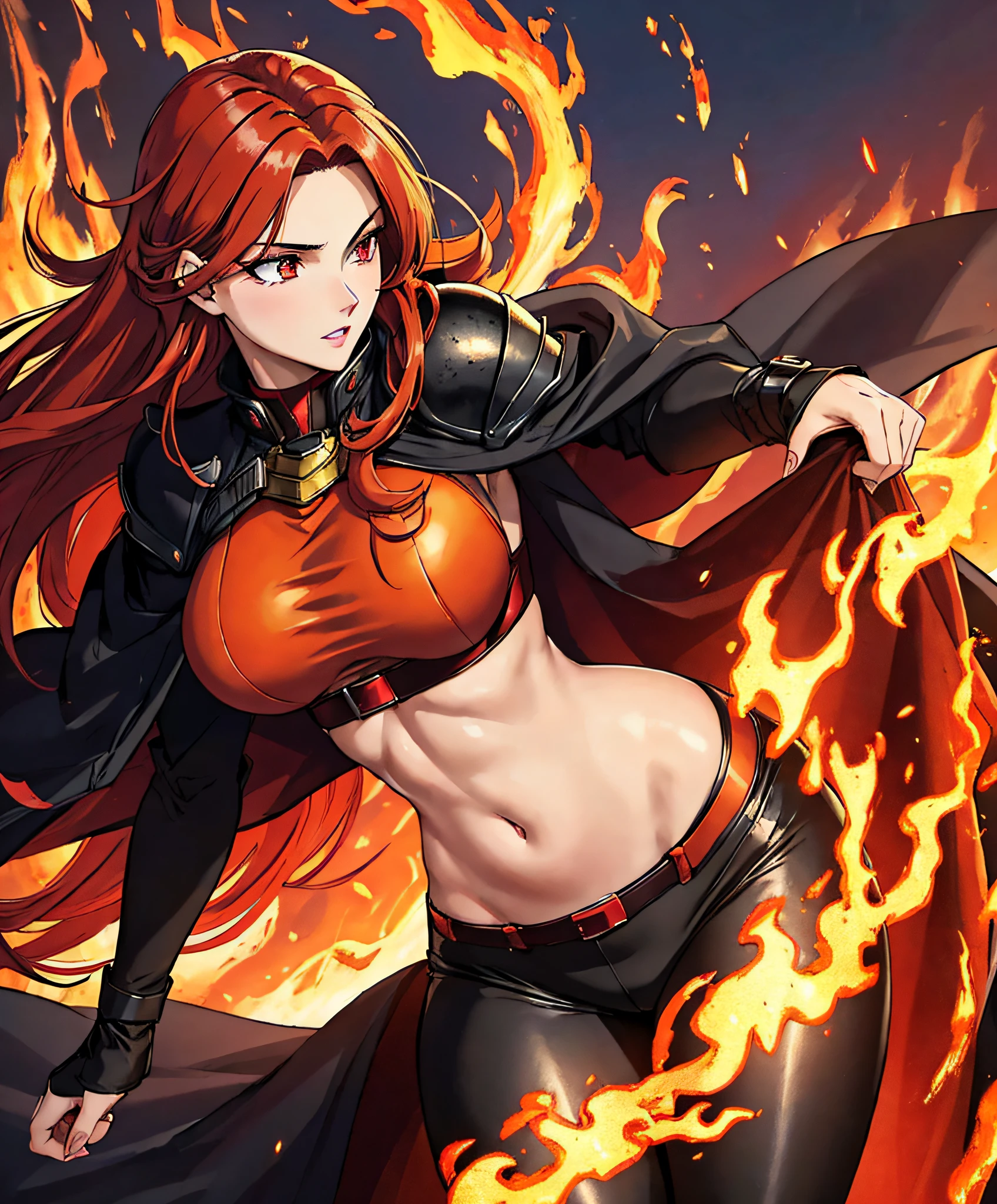 (masterpiece:1.2, best quality), beautiful, a 23yo woman, fiery hair, fire goddess, (glowing red eyes), extremely detailed face, beautiful detailed eyes, defined jawline, (perfect anatomy), wearing red armor, midriff, textured skin, hot lighting, flames, embers, measures 75-45-95, beautiful figure, confidant, wearing black leggins, big legs, highly voluptuous thighs, wears a black coat, fire powers, fire hero,