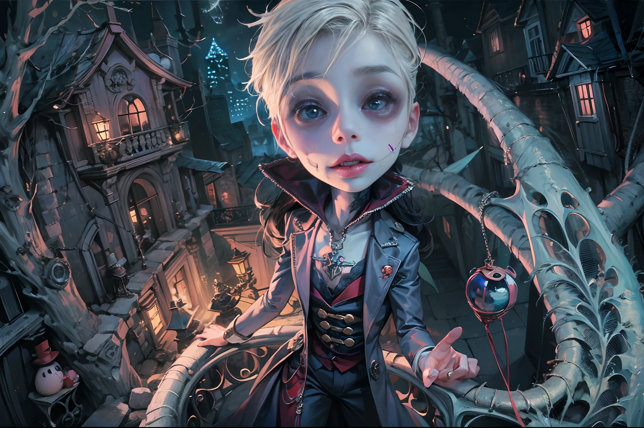 (absurdres, highres, ultra detailed, HDR), masterpiece, best quality, 1 boy, handsome boy, cool hero, big anime eyes, young boy, detailed scenery, detailed character, nightmare before Christmas theme, art kenouji
