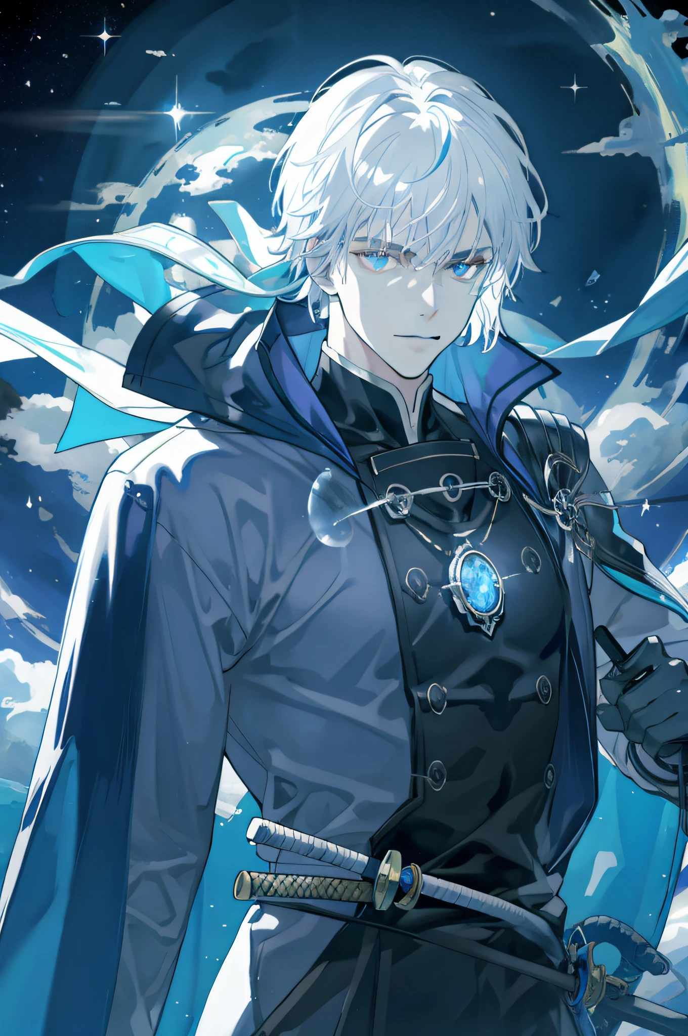 masterpiece, best quality, 1 male, adult, mature, tall muscular guy, Dark theme, Magic circle, bubble, rainbow Sunlight, Underwater, Reflected mirror, floating piece of Glass, Rainbow light, Bubble Swirling, wind Swirling, Aurora, fantasy scenery, Starlight around the character, (upper body), confidant, expert with sword, has a samurai sword, blue dark coat, white hair,