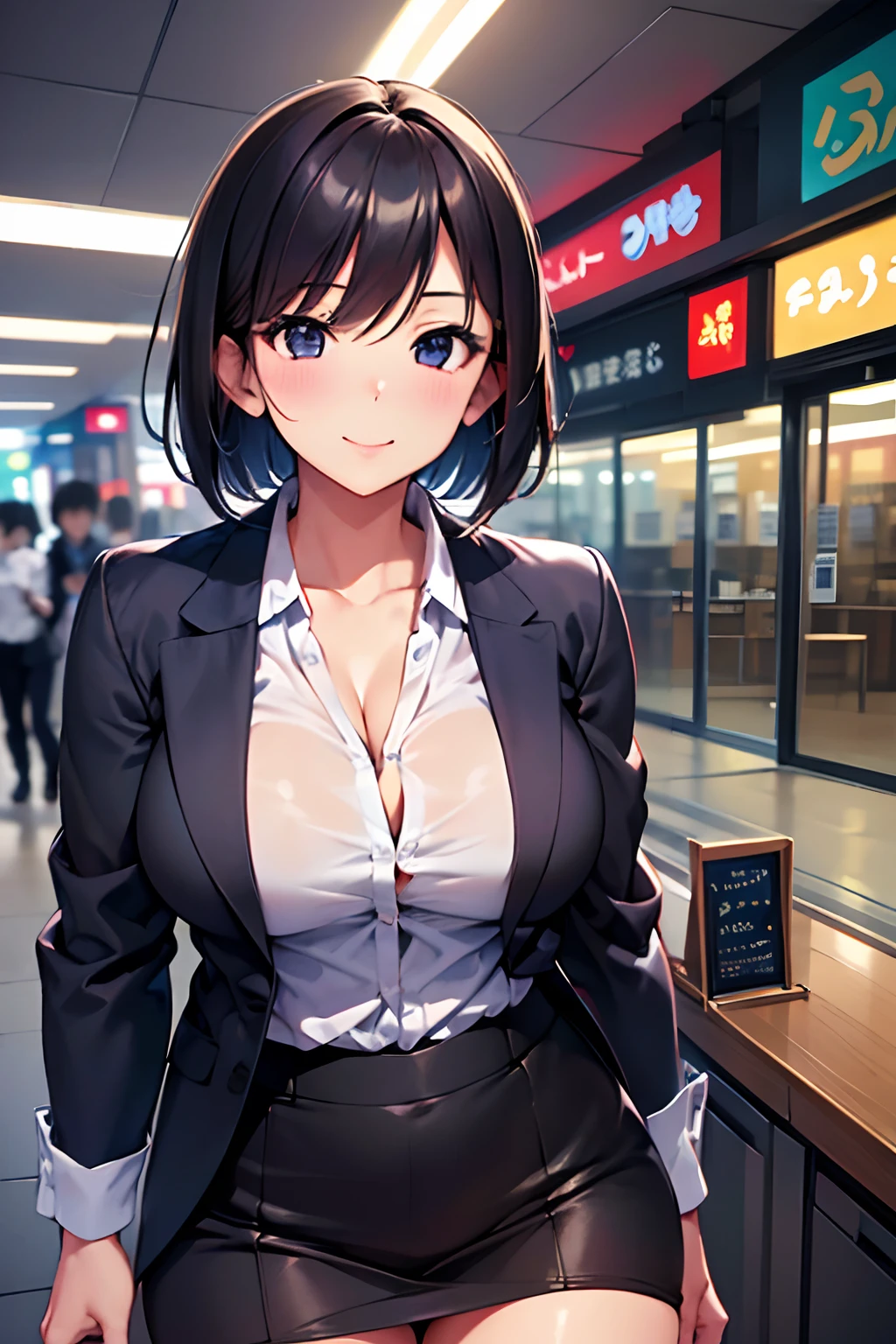 (Masterpiece, highest quality), High resolution, (illustration: 1.3), 1girl, 35 years old, milf, (cute:1.3), medium breasts, black bob cut, (wink:1.3), Office worker's suit, miniskirt, Tokyo street, night, moonlight, cowboyshot