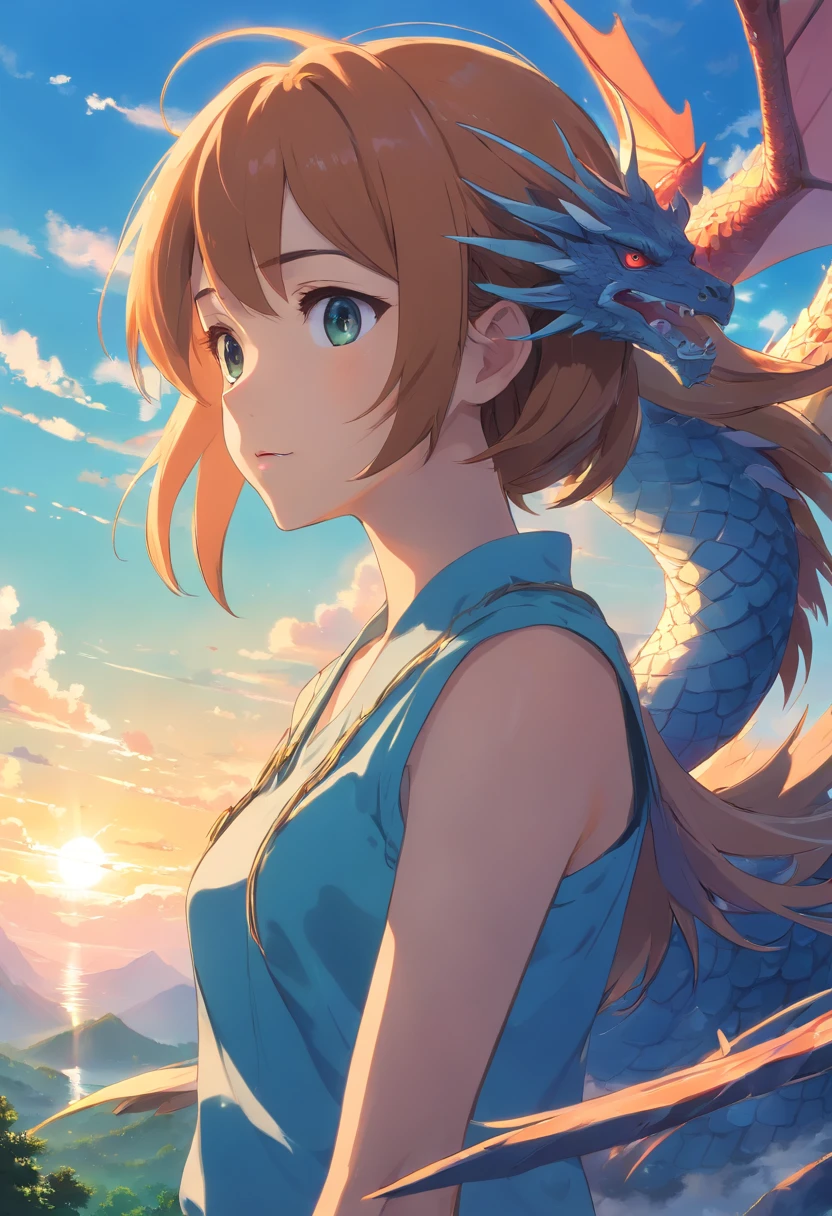 (Bright, Vibrant colors),(Best quality,A high resolution,Ultra-detailed),The girl sits on the back of a majestic dragon,It has complex scales and flowing manes,soaring through the sky,Fierce dragon head with expressive eyes,Beautifully patterned wings,Clouds surround them,Celestial sunlight casts a golden glow,Lush mountains and forests below,Peaceful and peaceful scenery.