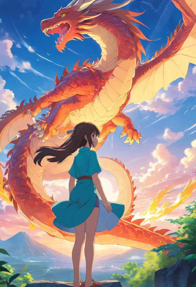 (Bright, Vibrant colors),(Best quality,A high resolution,Ultra-detailed),The girl sits on the back of a majestic dragon,It has complex scales and flowing manes,soaring through the sky,Fierce dragon head with expressive eyes,Beautifully patterned wings,Clouds surround them,Celestial sunlight casts a golden glow,Lush mountains and forests below,Peaceful and peaceful scenery.
