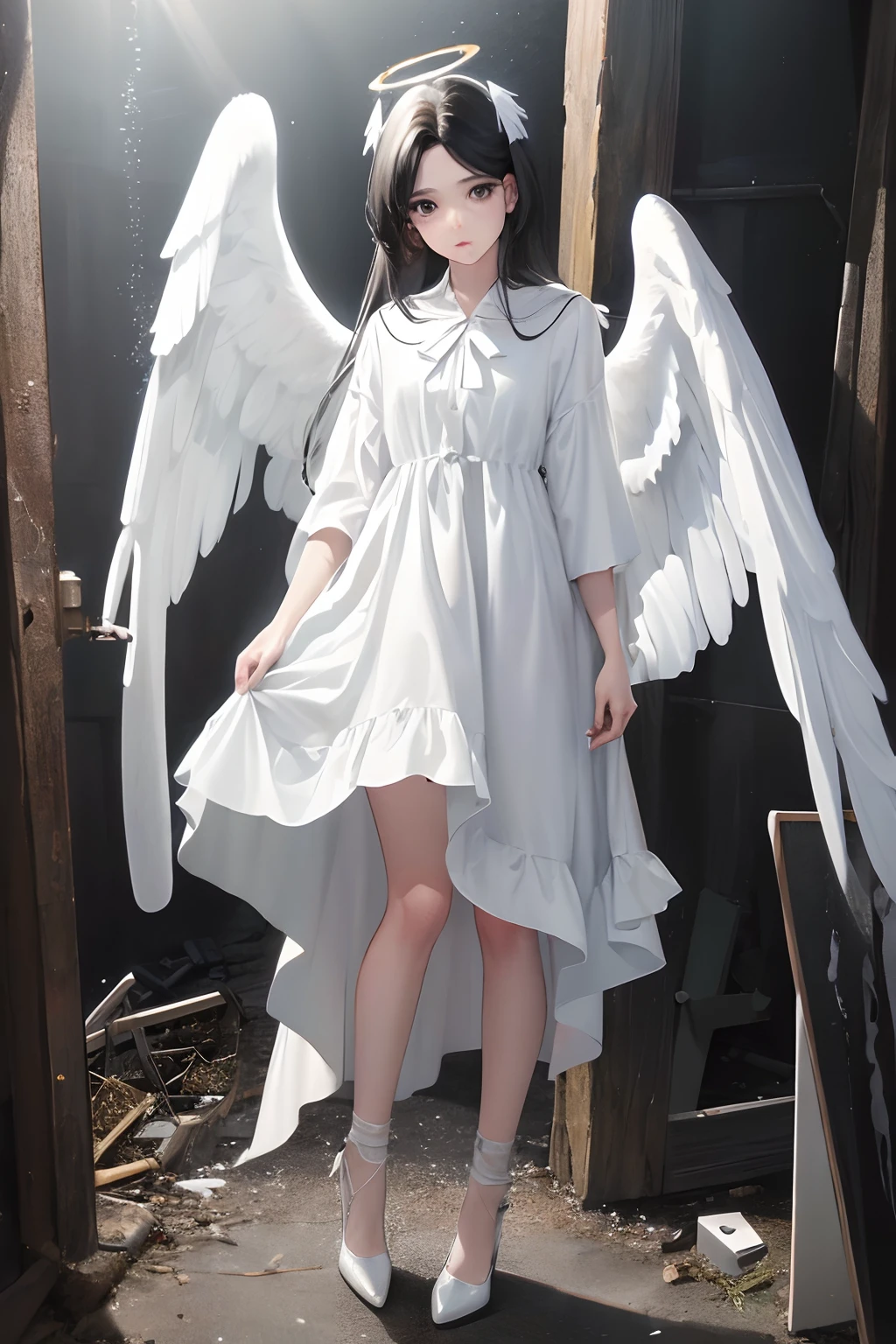 Photorealistic, (hyperrealistic: 1.2), masterpiece, best quality, 1girl, black hair, angel, innocent, black eyes, crown, angel wings, white clothes, full body, sky, halo, post apocalypse,