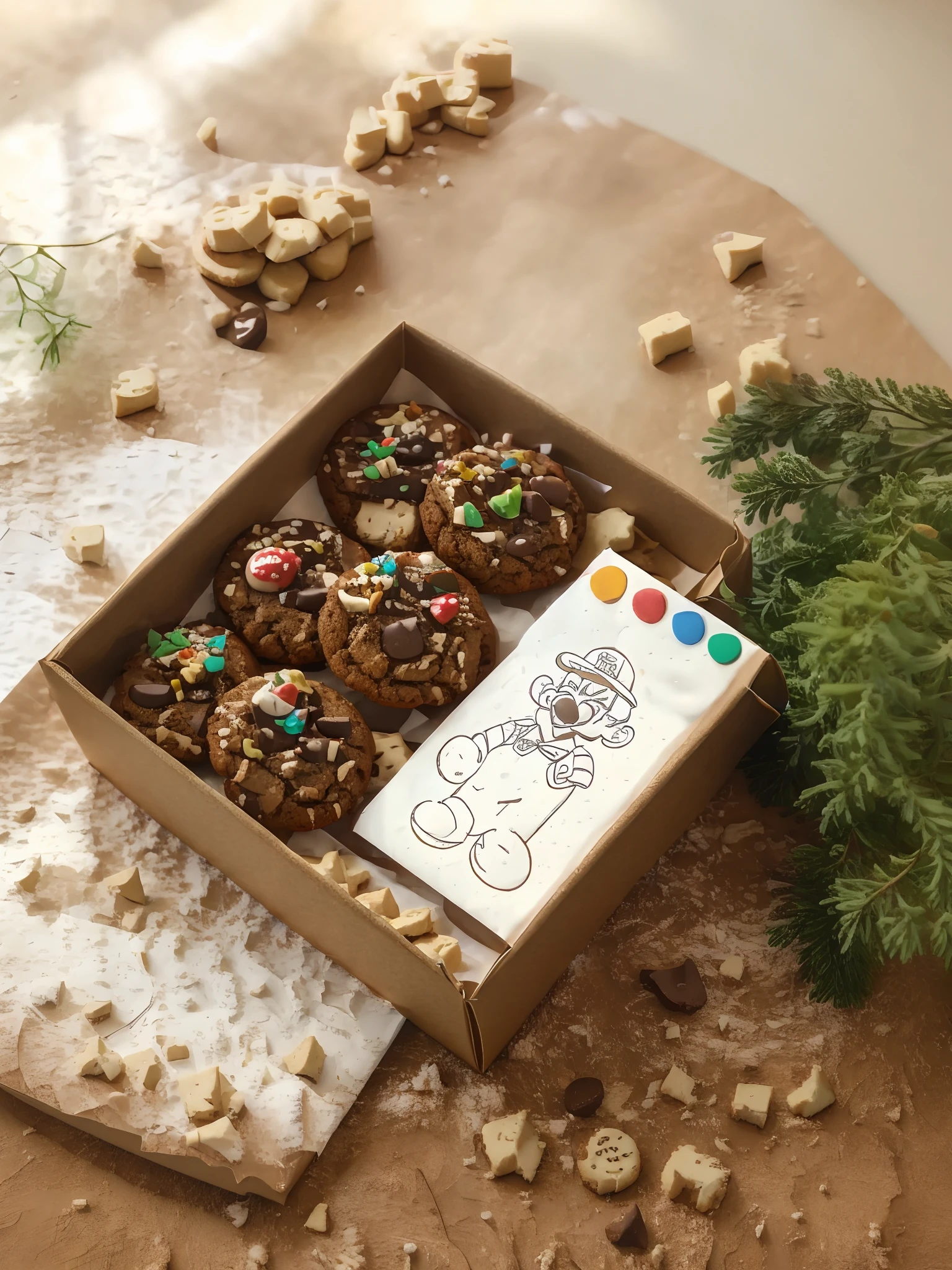 There's a box of cookies with a drawing of Mario on it