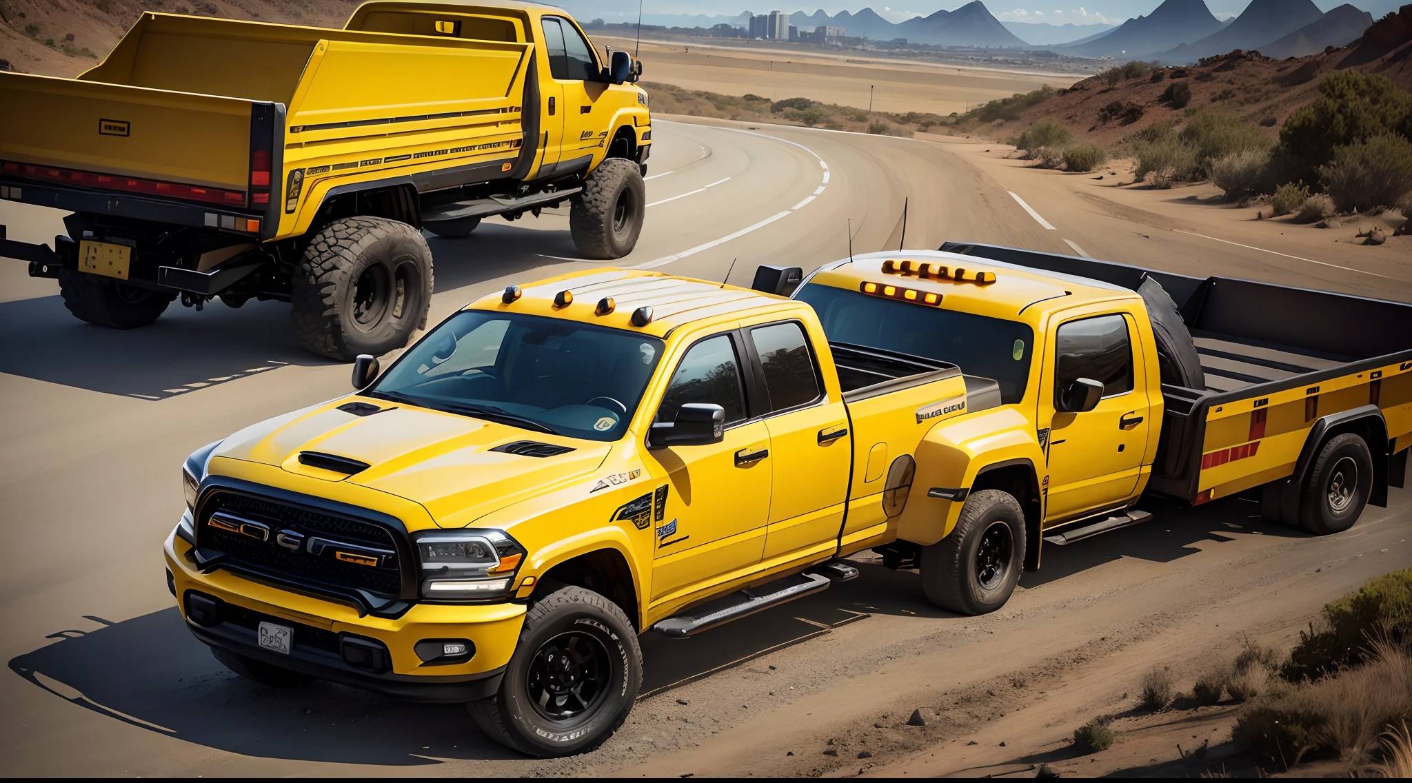 A realistic image of a yellow tow truck with a flatbed, a Dodge Ram with a black grill and bumper, parked in front of the city of Rio de Janeiro, with a yellow light bar on the roof, a flatbed with a black winch, and a black side step in 16:9 format.