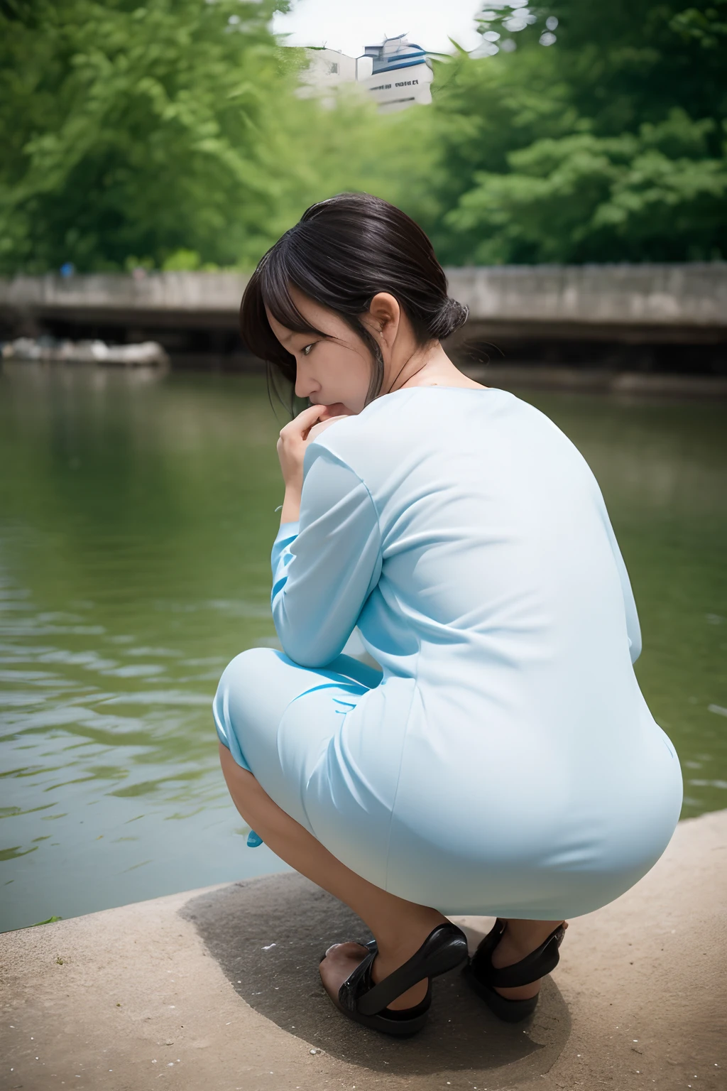 Woman in her 30s crouching and washing herself by the river. The camera captures her from behind, Focus on her back