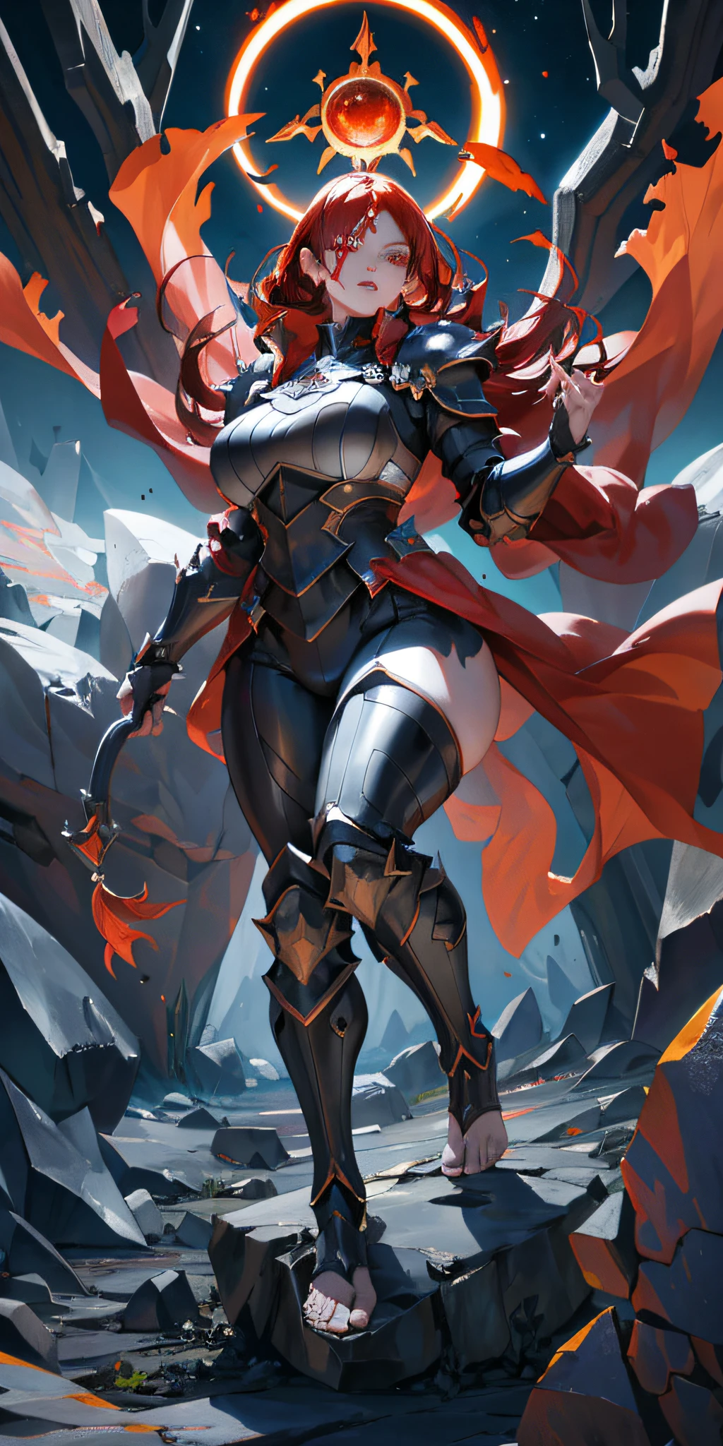 upper body of paladin lady in ornate black and red armor, pauldrons, breastplate, glowing fire halo, loose hair, yellow glowing eyes, bright pupils, eye focus, red and black coat, night, moonlight, particles, light beam, red hair, defined lips, highly voluptuous thighs, measures 75-45-90, fire sorcerer, fire queen, fire in the background, beautiful figure, confidant, fire powers, black and red leggins, fire hero, female barefoot summoner levitating with blonde hair robes and cape arms lifted up over a broken earth bright lava light from below asteroid field (jagged rocks boulders and debris shooting into the air:1.3) (windy dust debris storm:1.1), detailed face, beautifull face,