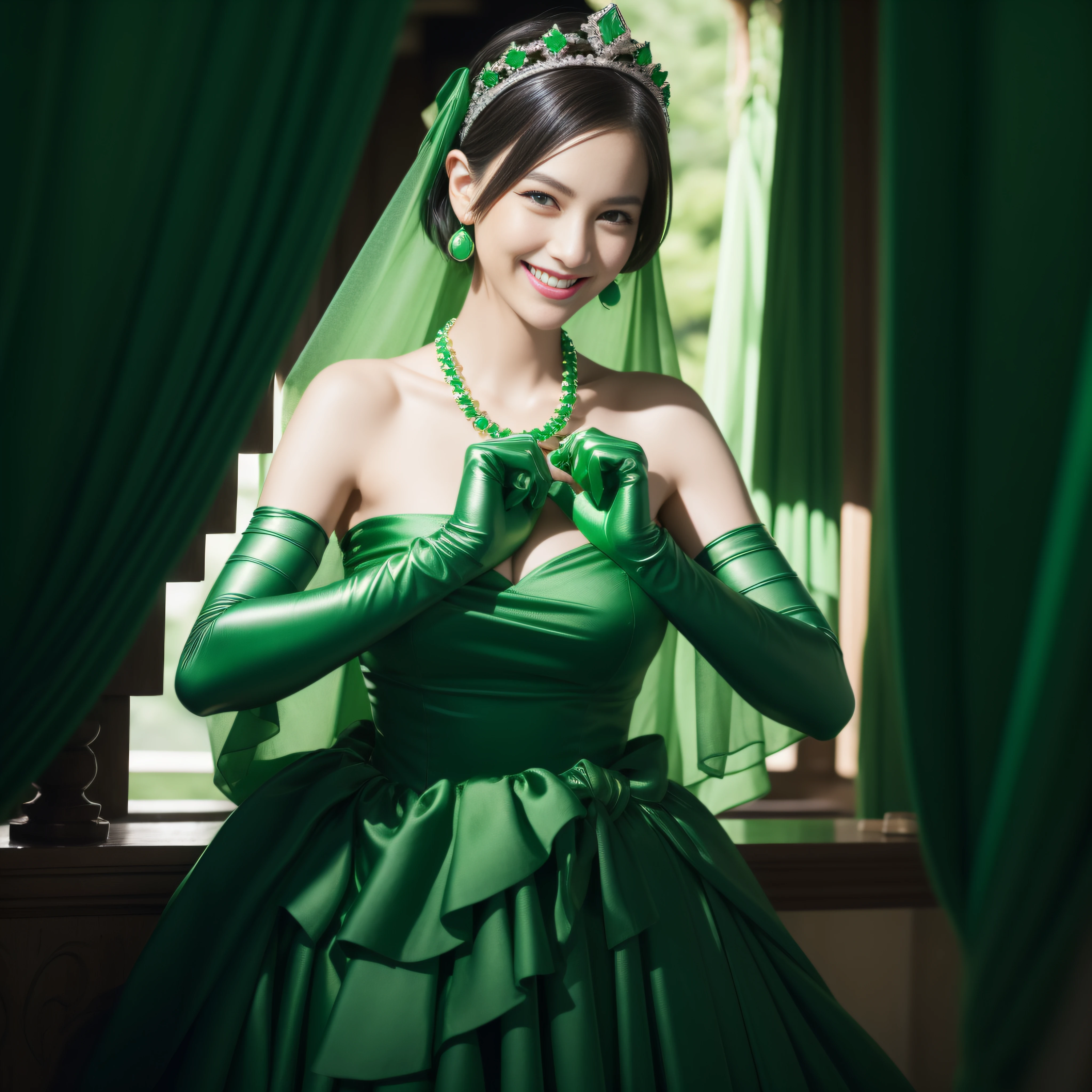 emerald tiara, Green Pearl Necklace, Boyish very short green hair, lipsticks, Japan woman smiling, very short short hair, big breasts beautiful, Green eyes, Long green gloves made of satin material, Green eyes, Emerald Earrings, green vale